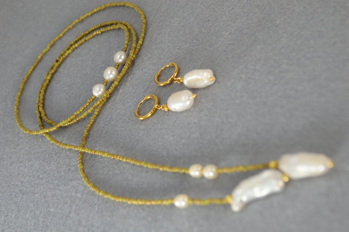 Apple Green Olive Beaded Pearl Wrap Lariat