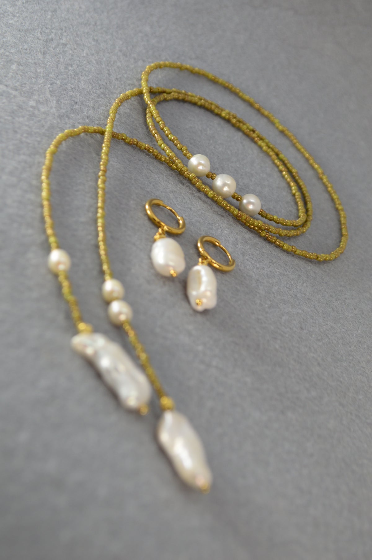 Apple Green Olive Beaded Pearl Wrap Lariat