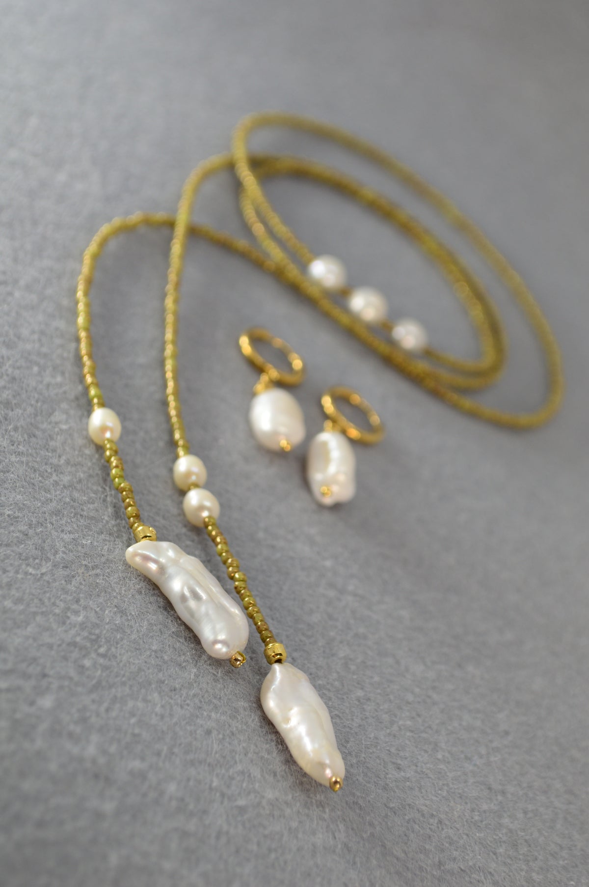 Apple Green Olive Beaded Pearl Wrap Lariat