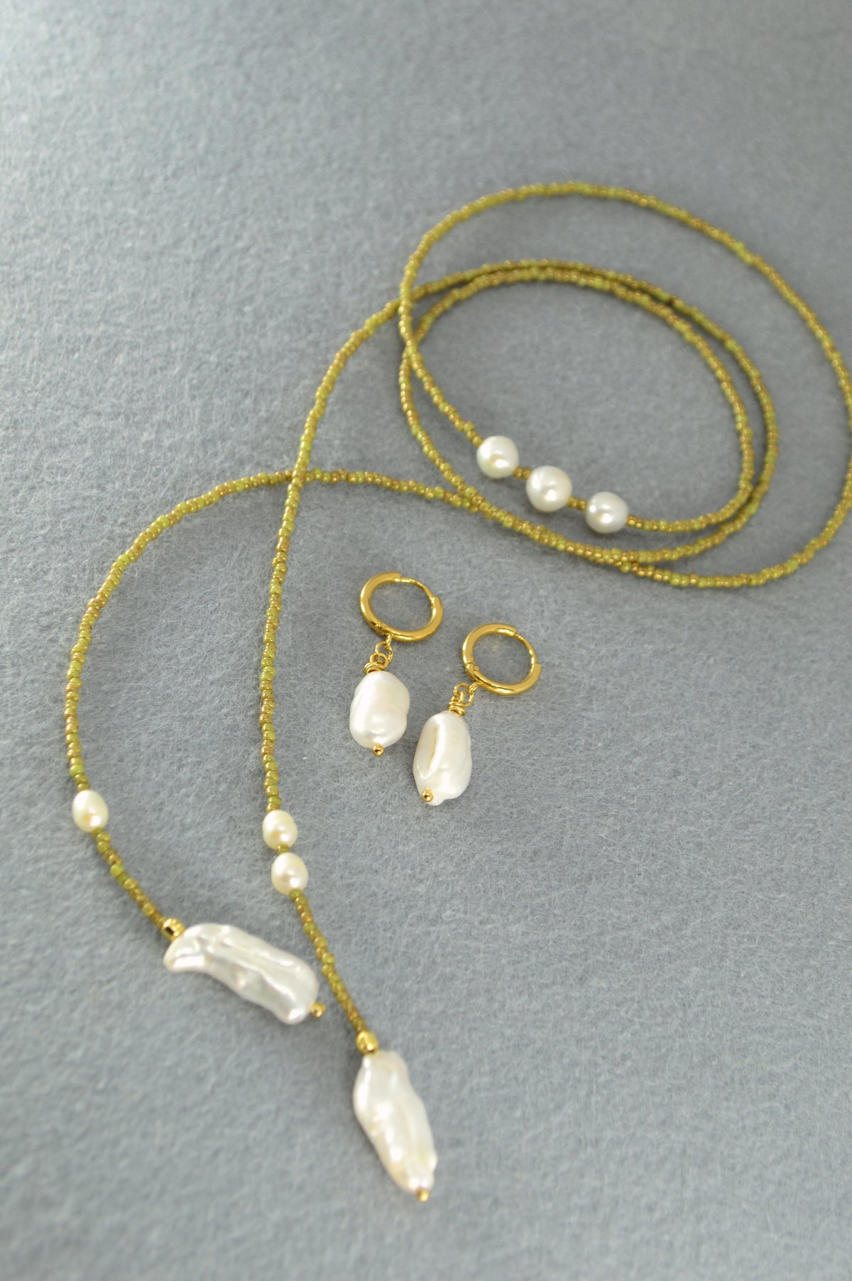 Apple Green Olive Beaded Pearl Wrap Lariat