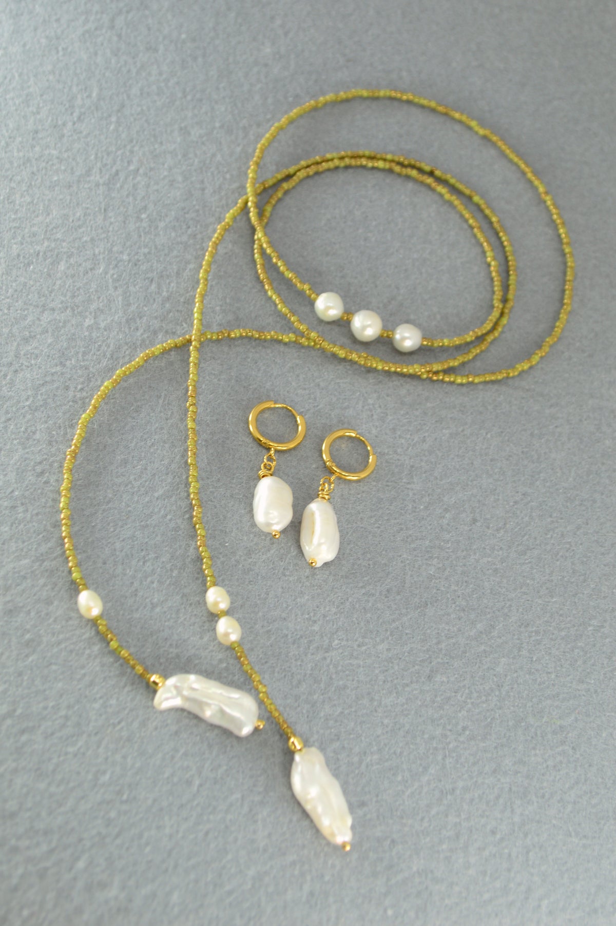 Apple Green Olive Beaded Pearl Wrap Lariat