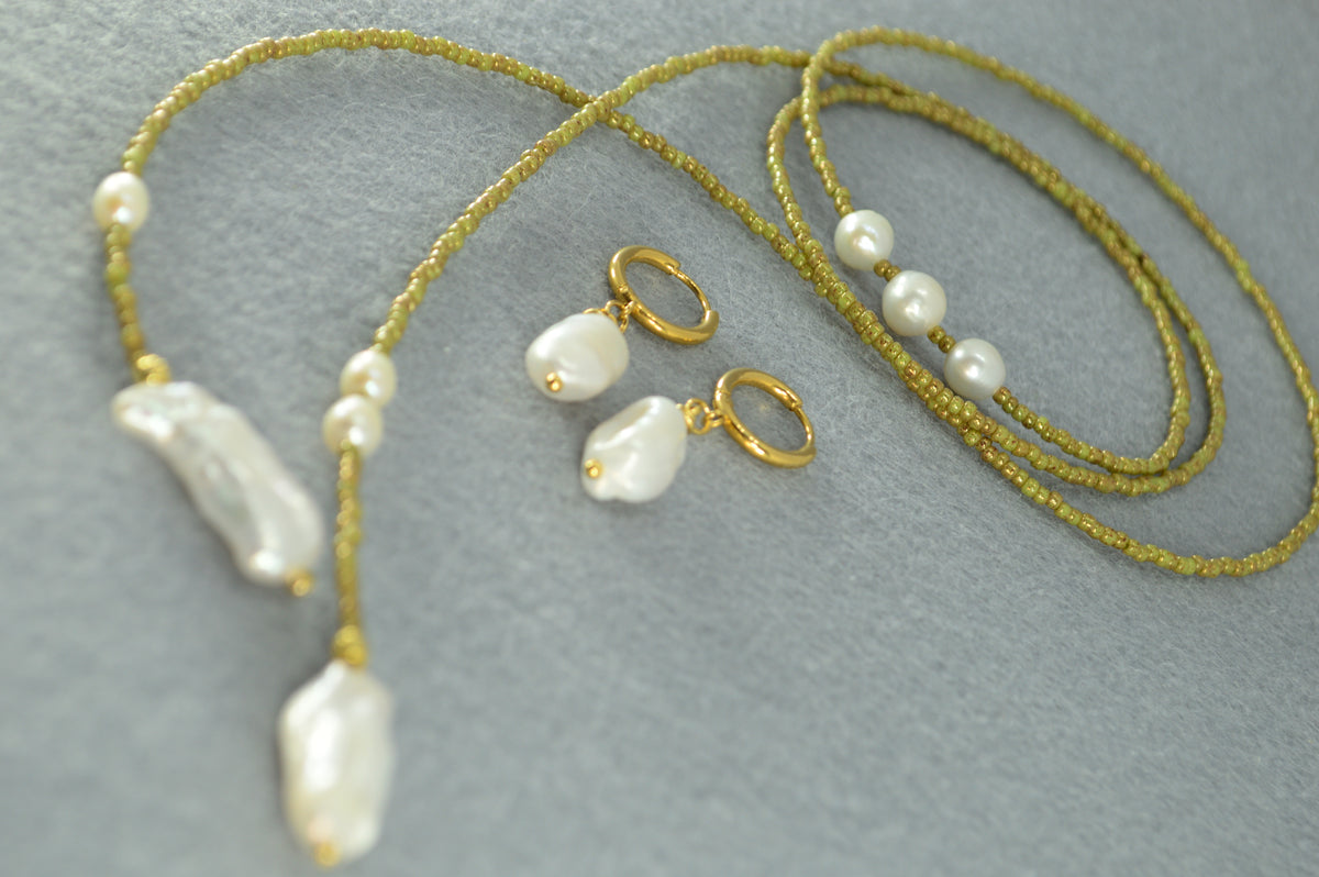 Apple Green Olive Beaded Pearl Wrap Lariat