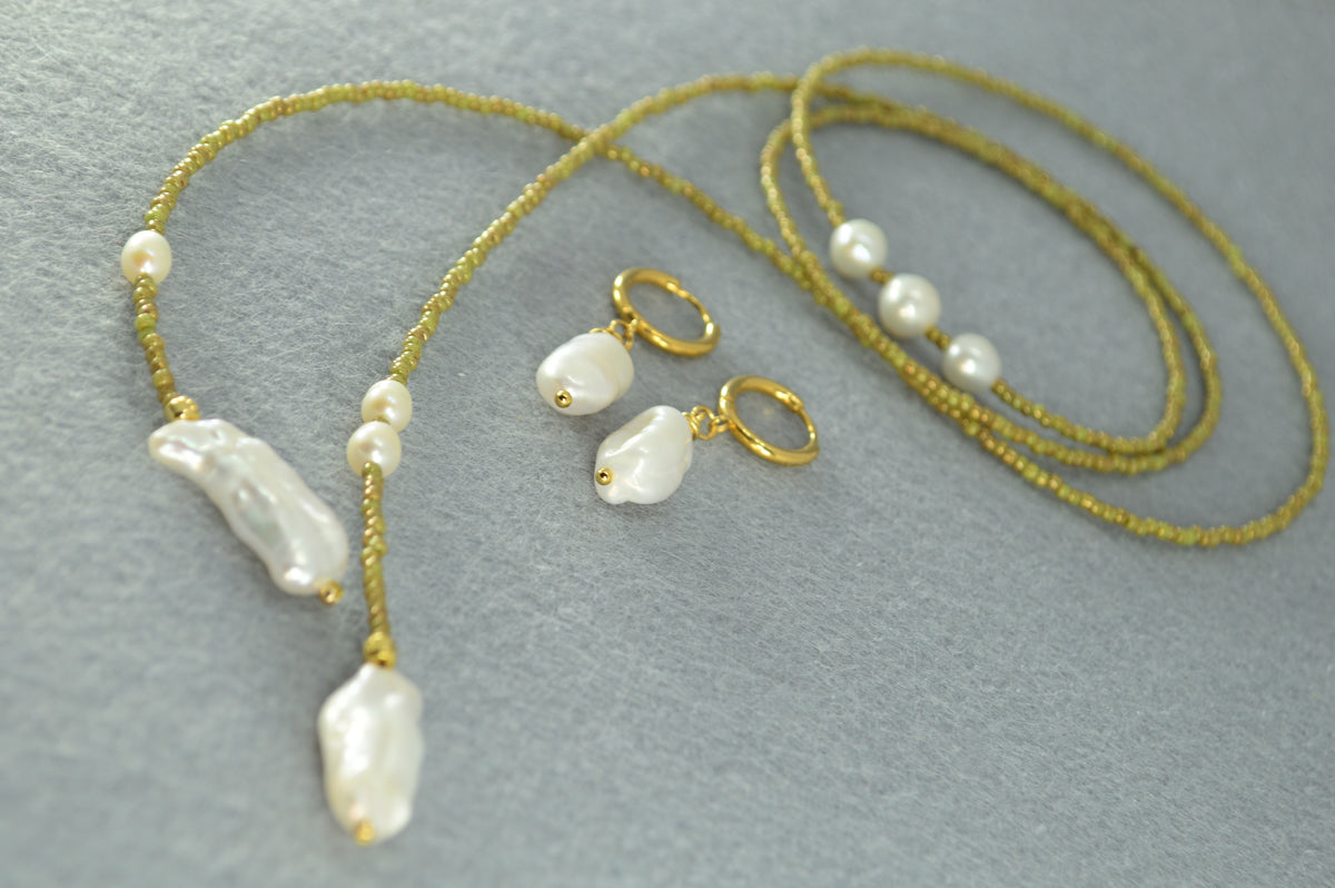Apple Green Olive Beaded Pearl Wrap Lariat