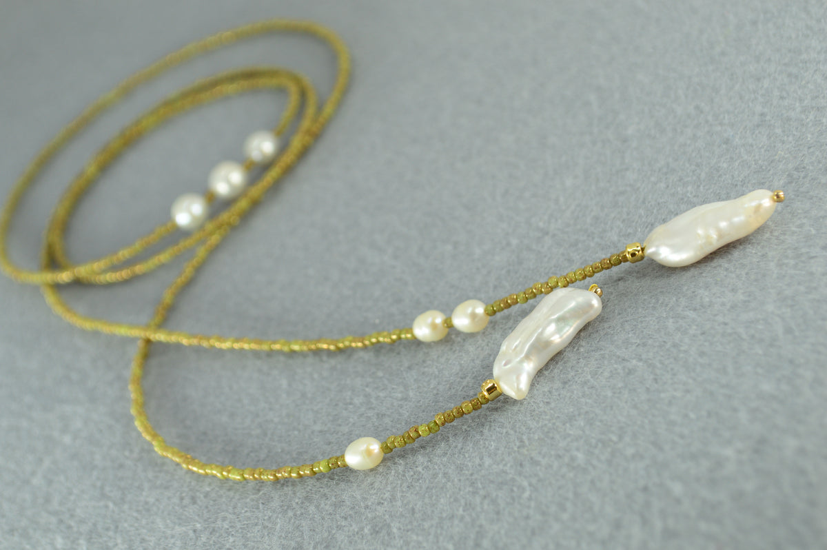 Apple Green Olive Beaded Pearl Wrap Lariat