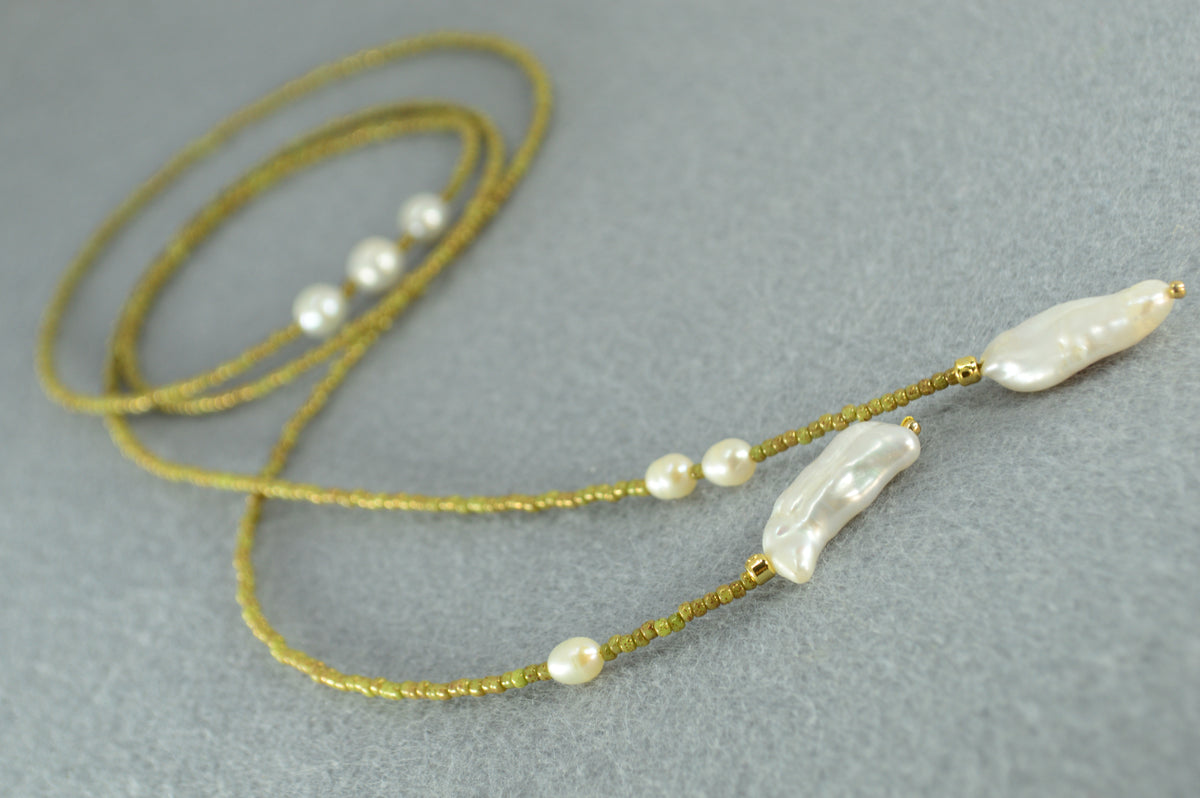 Apple Green Olive Beaded Pearl Wrap Lariat