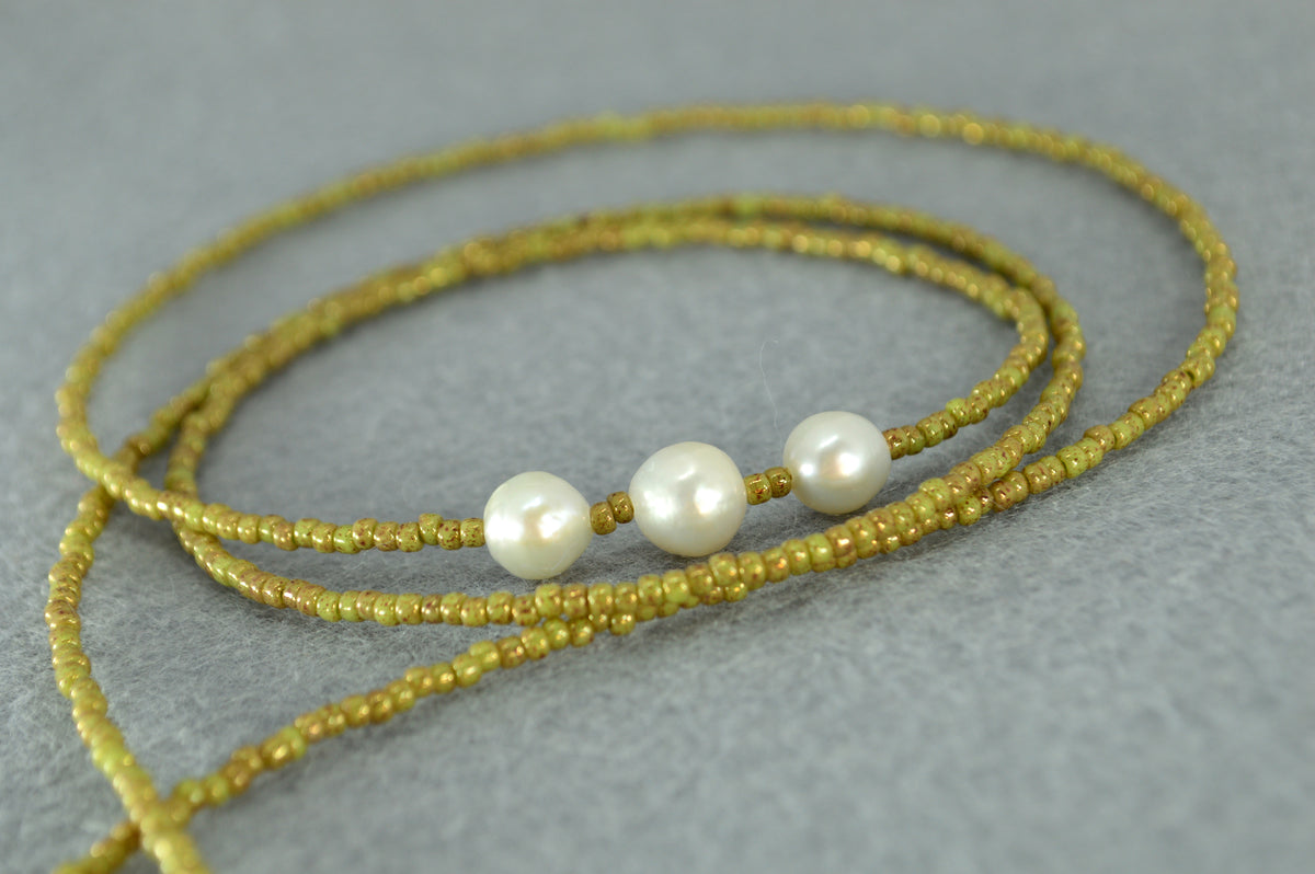 Apple Green Olive Beaded Pearl Wrap Lariat