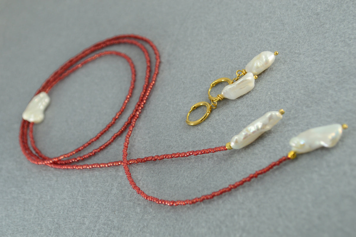 Brick Red | Baroque Pearl Beaded Wrap Lariat