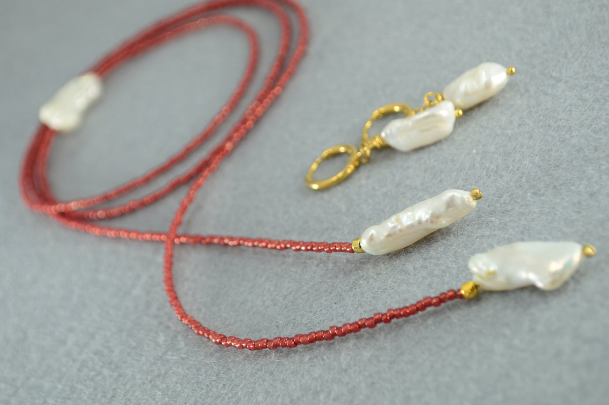Brick Red | Baroque Pearl Beaded Wrap Lariat