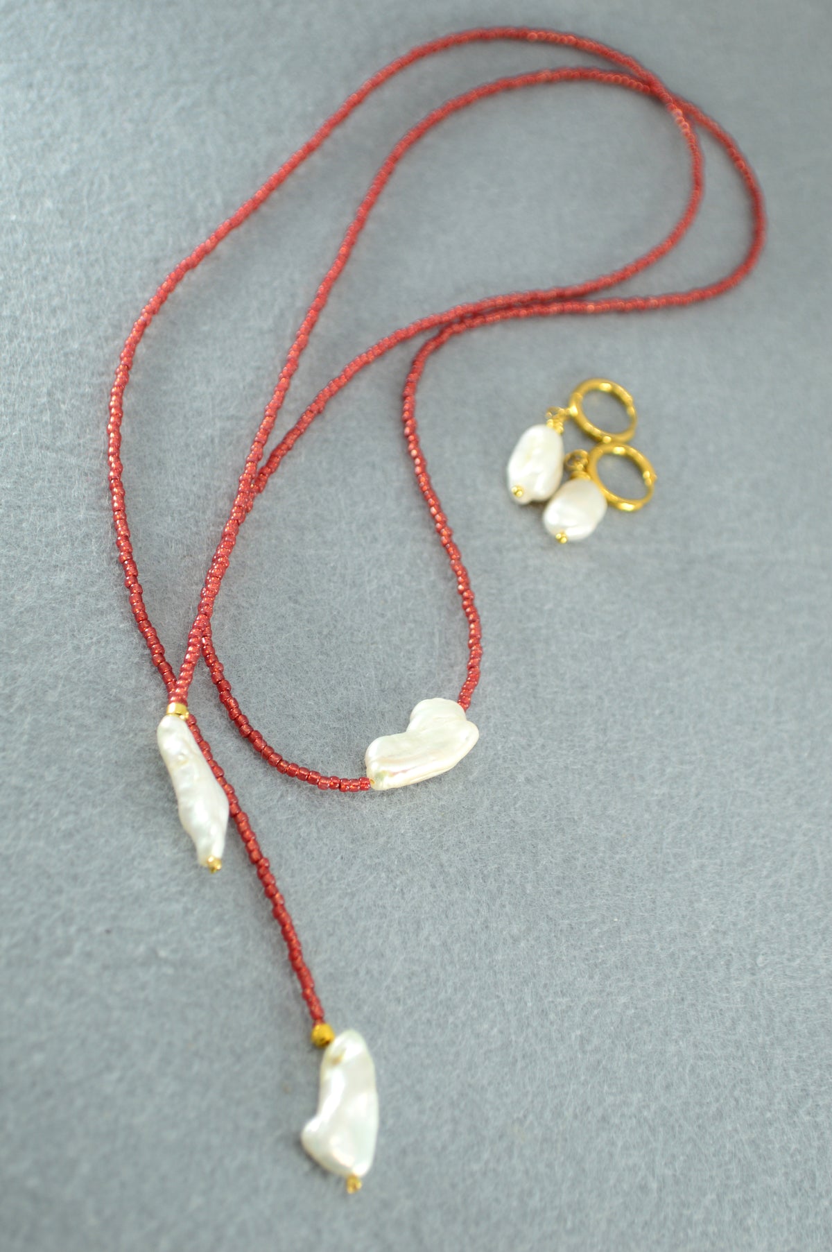 Brick Red | Baroque Pearl Beaded Wrap Lariat