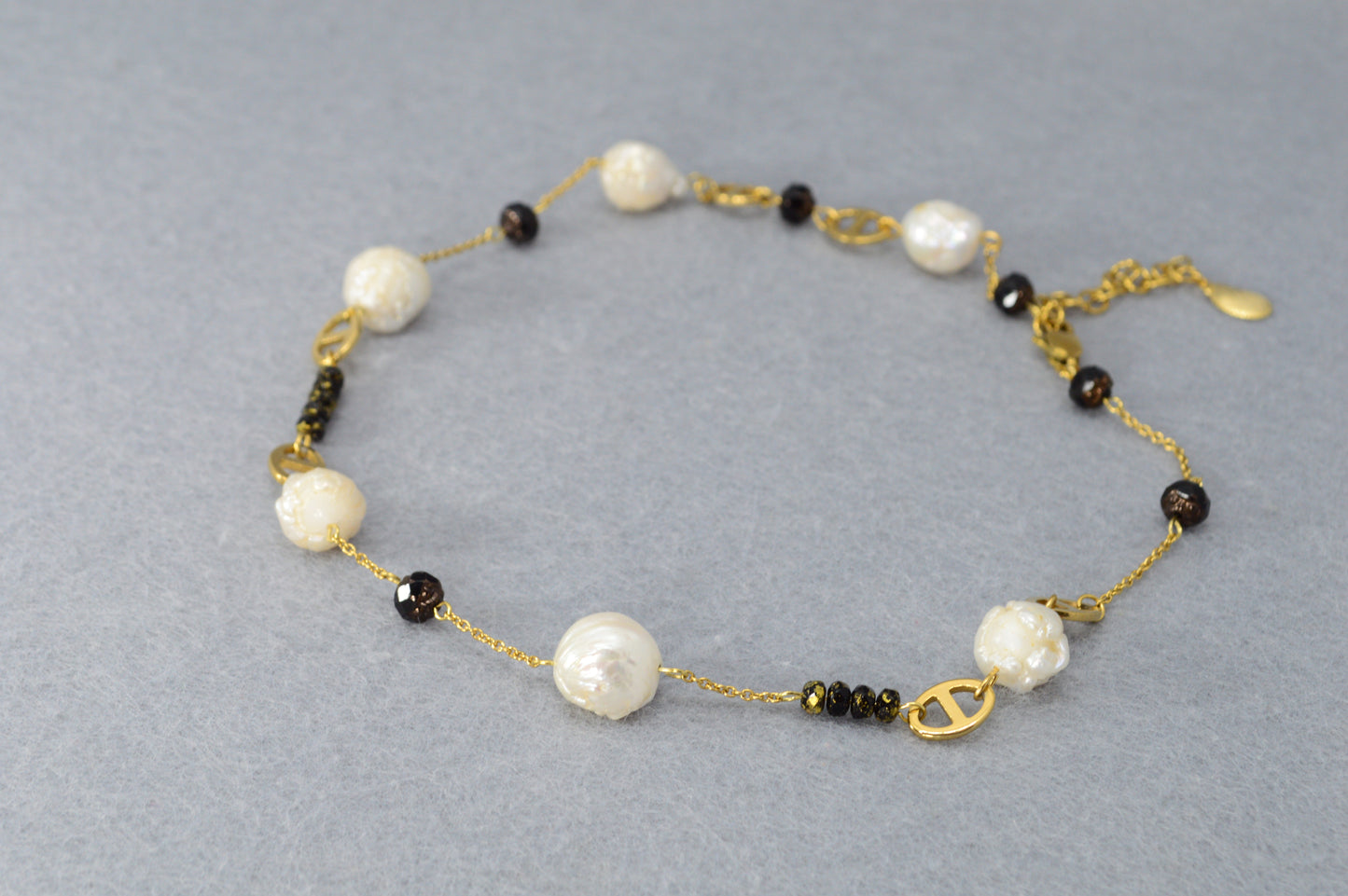 Gold Pearl & Black Bead Necklace | Stainless Steel, Freshwater Pearls & Glass Beads | Adjustable