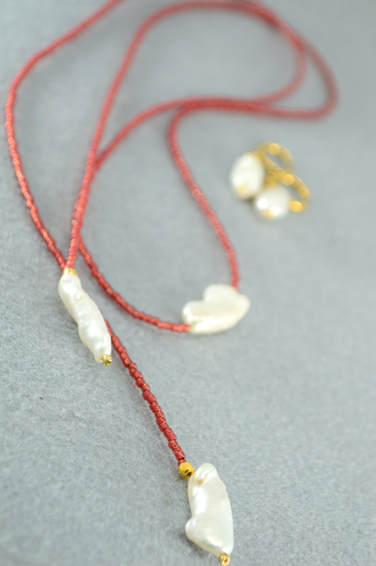 Brick Red | Baroque Pearl Beaded Wrap Lariat