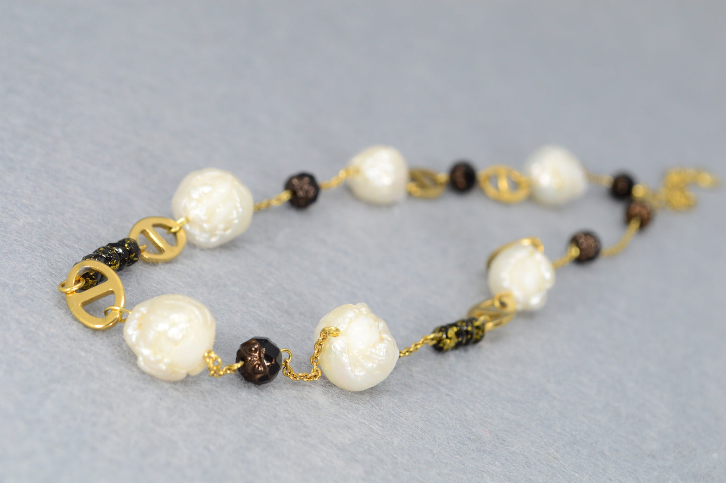 Gold Pearl & Black Bead Necklace | Stainless Steel, Freshwater Pearls & Glass Beads | Adjustable