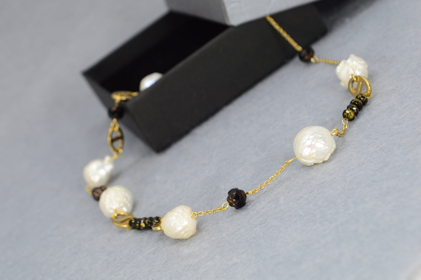 Gold Pearl & Black Bead Necklace | Stainless Steel, Freshwater Pearls & Glass Beads | Adjustable