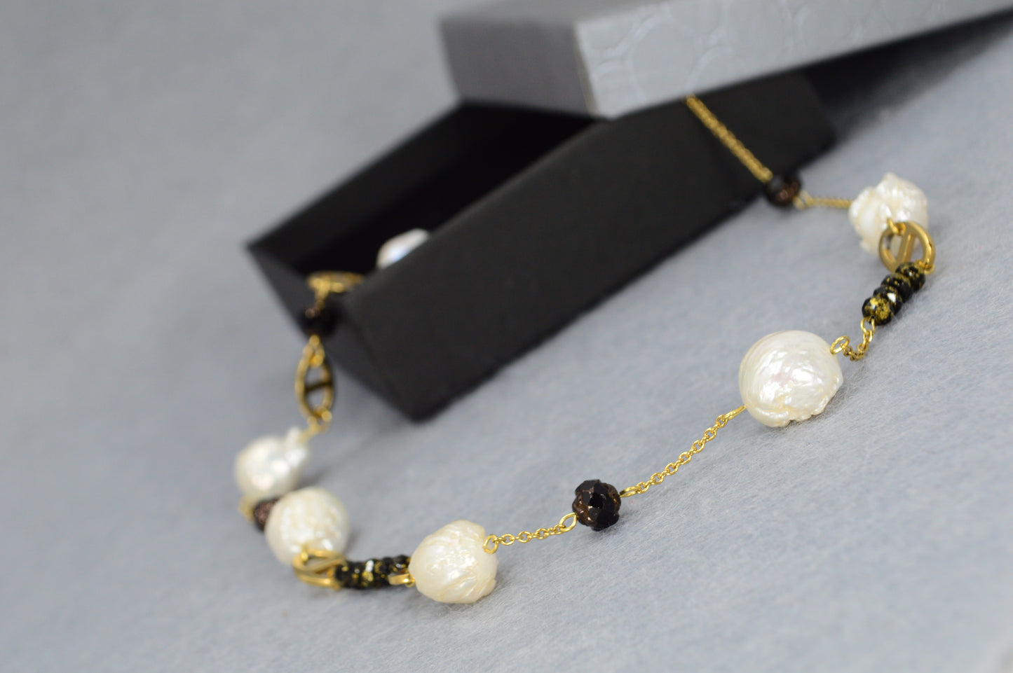 Gold Pearl & Black Bead Necklace | Stainless Steel, Freshwater Pearls & Glass Beads | Adjustable