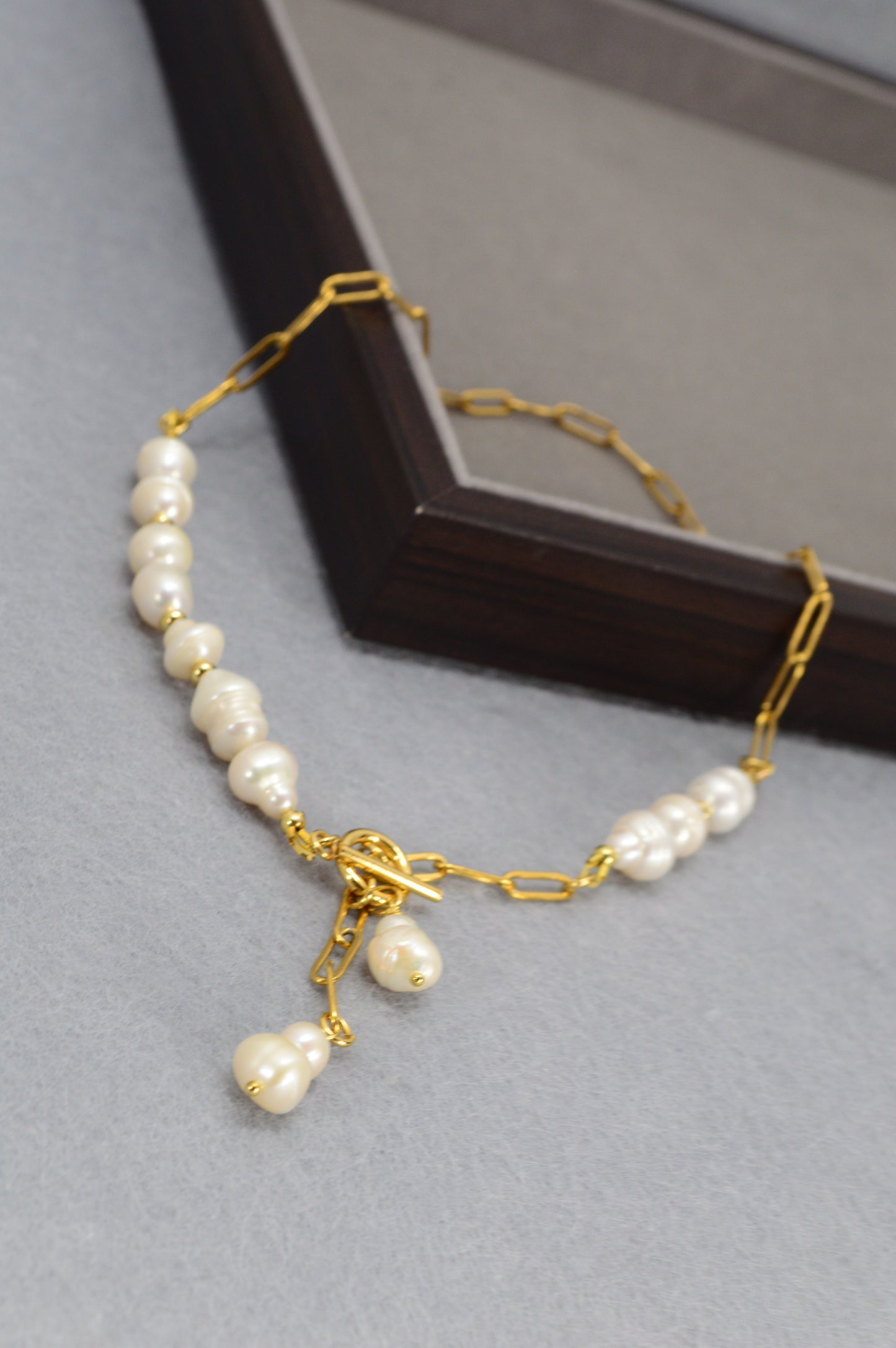 Gold Asymmetrical Pearl Necklace | Stainless Steel & Freshwater Pearls | Modern Baroque