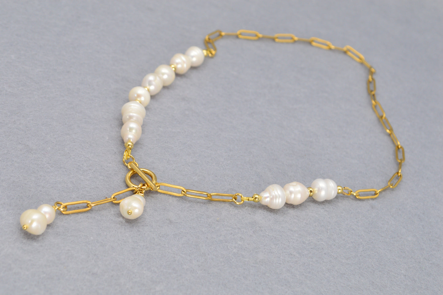 Gold Asymmetrical Pearl Necklace | Stainless Steel & Freshwater Pearls | Modern Baroque