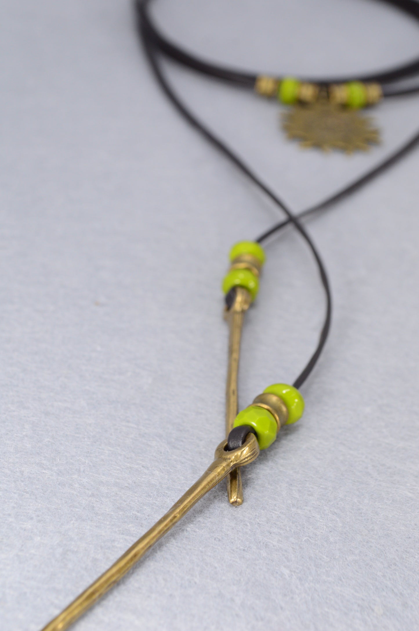 Boho Sun Pendant Leather Wrap Necklace – Festival Jewelry with Green Beads, Hippie Gypsy Style