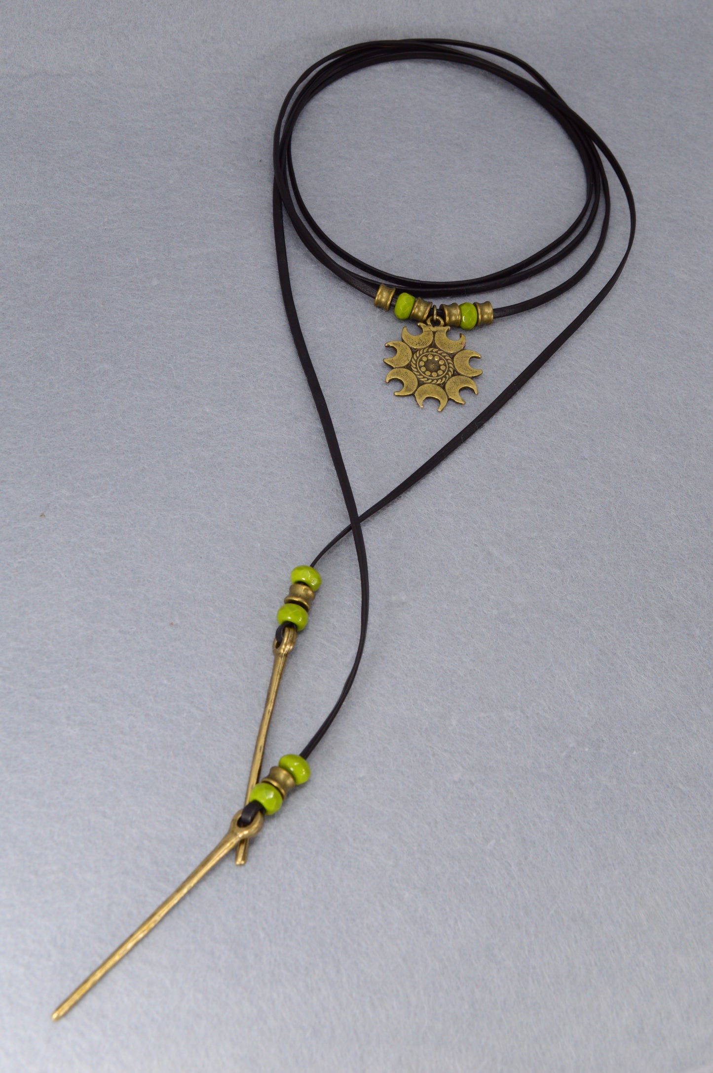 Boho Sun Pendant Leather Wrap Necklace – Festival Jewelry with Green Beads, Hippie Gypsy Style