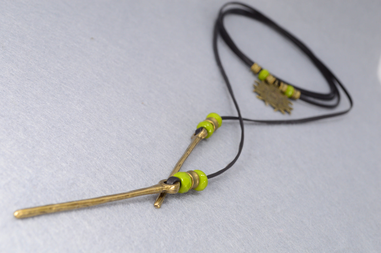 Boho Sun Pendant Leather Wrap Necklace – Festival Jewelry with Green Beads, Hippie Gypsy Style