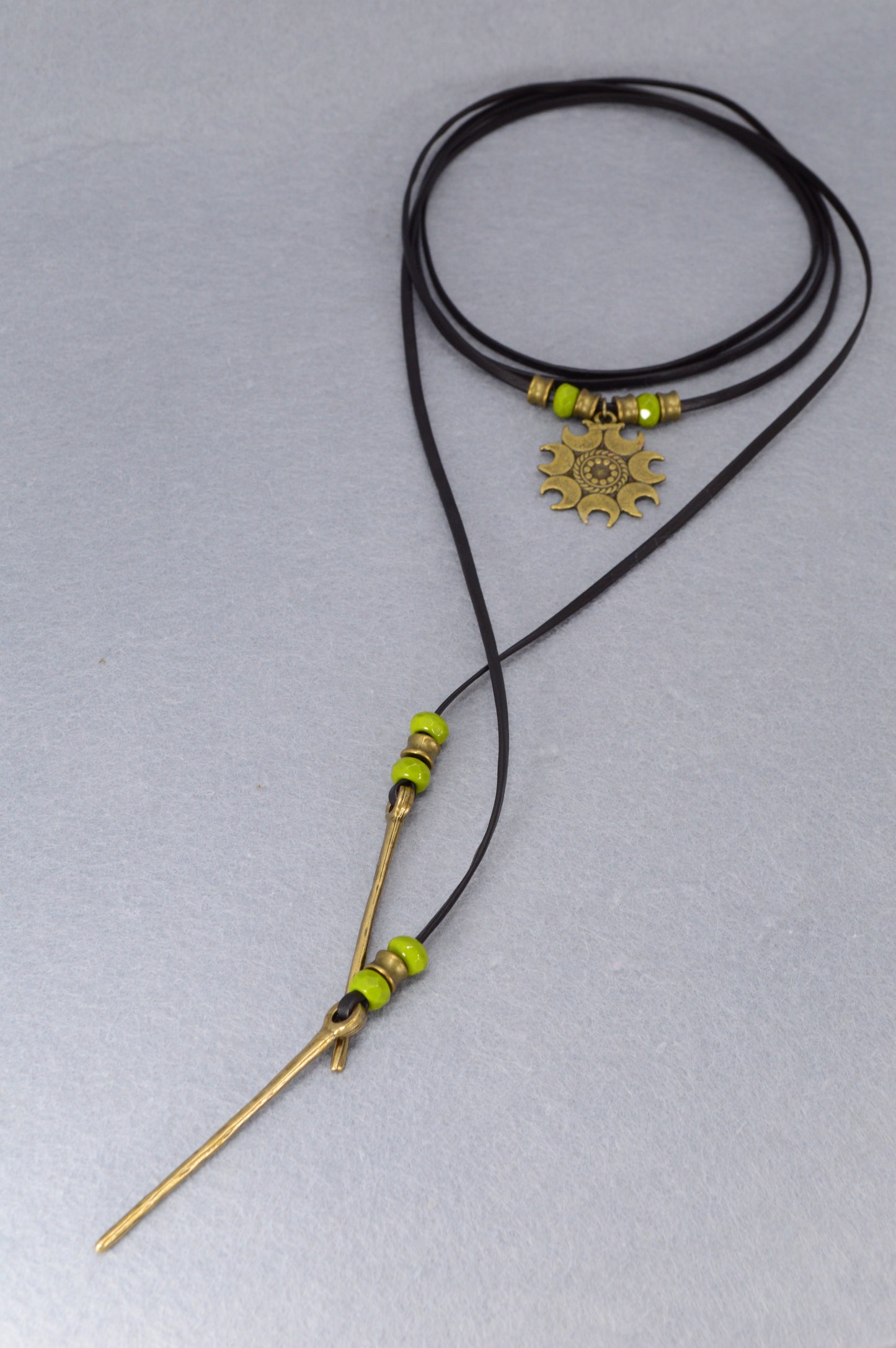 Boho Sun Pendant Leather Wrap Necklace – Festival Jewelry with Green Beads, Hippie Gypsy Style