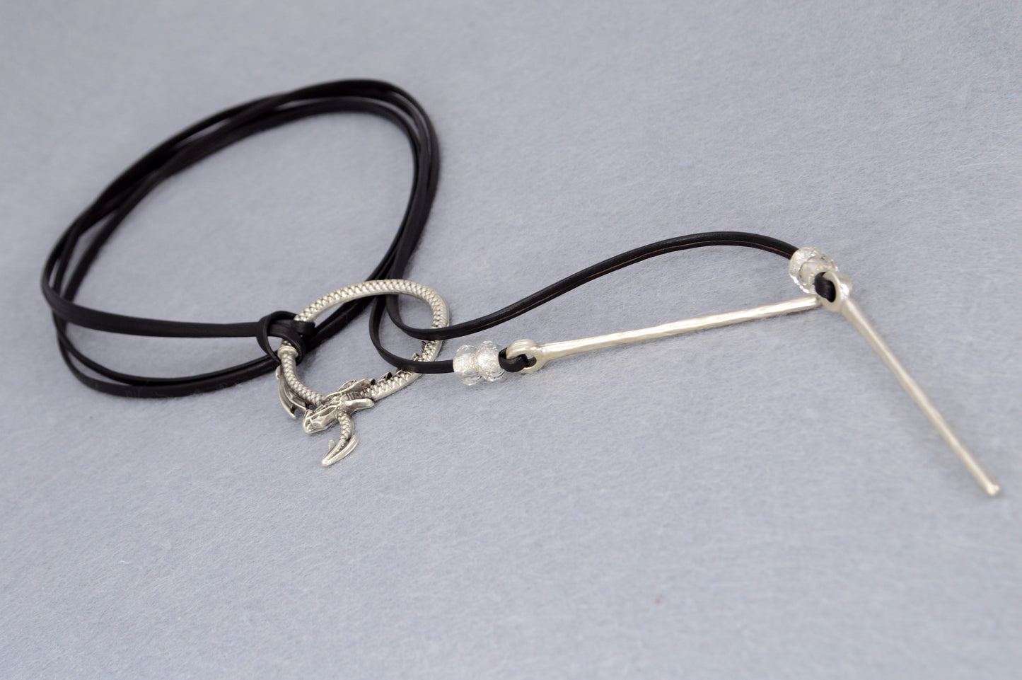Dragon Circle Necklace | Boho Leather Choker with Silver Dragon Charm
