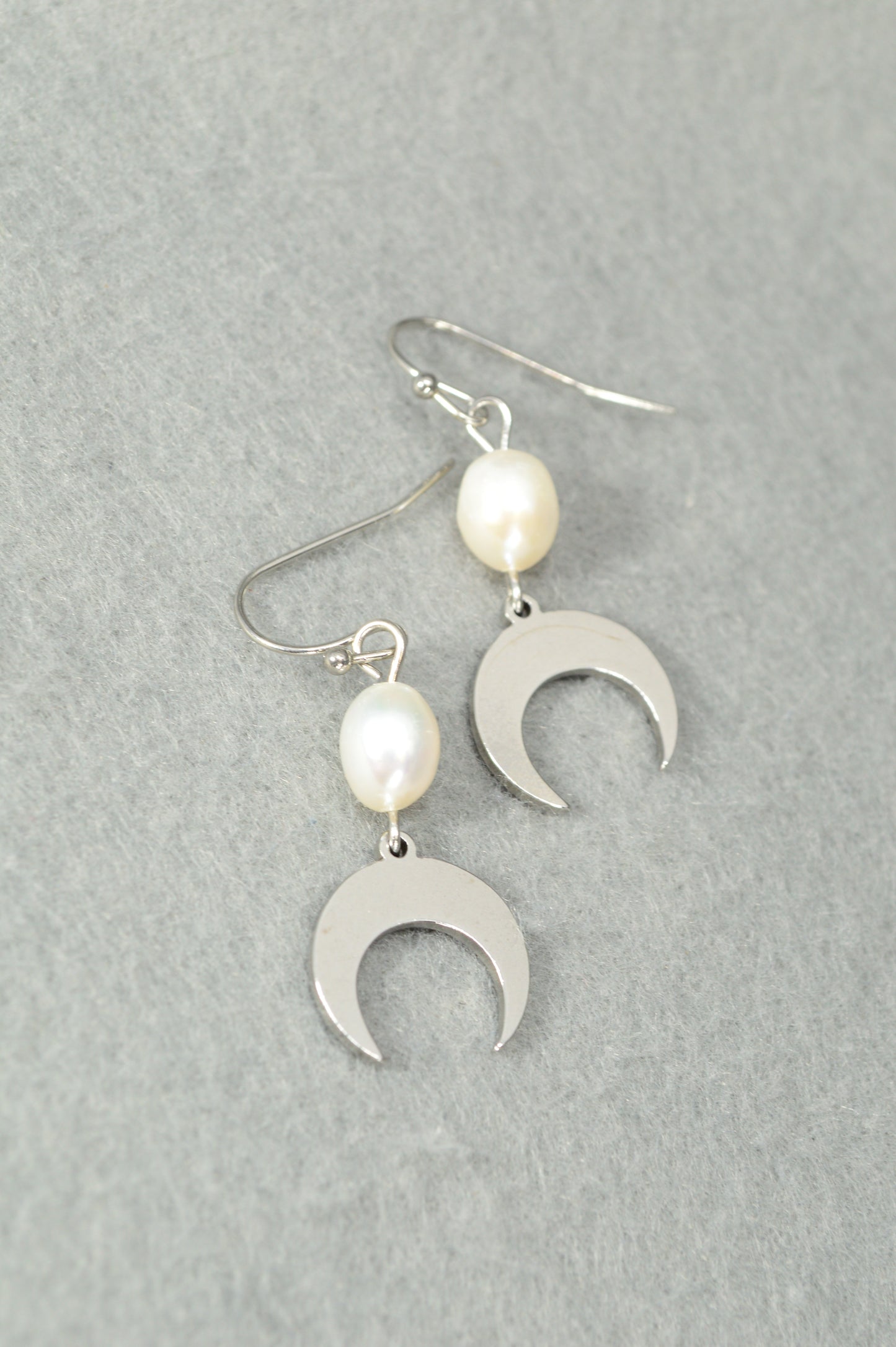 Crescent Moon Pearl Earrings – Stainless Steel Celestial Dangle
