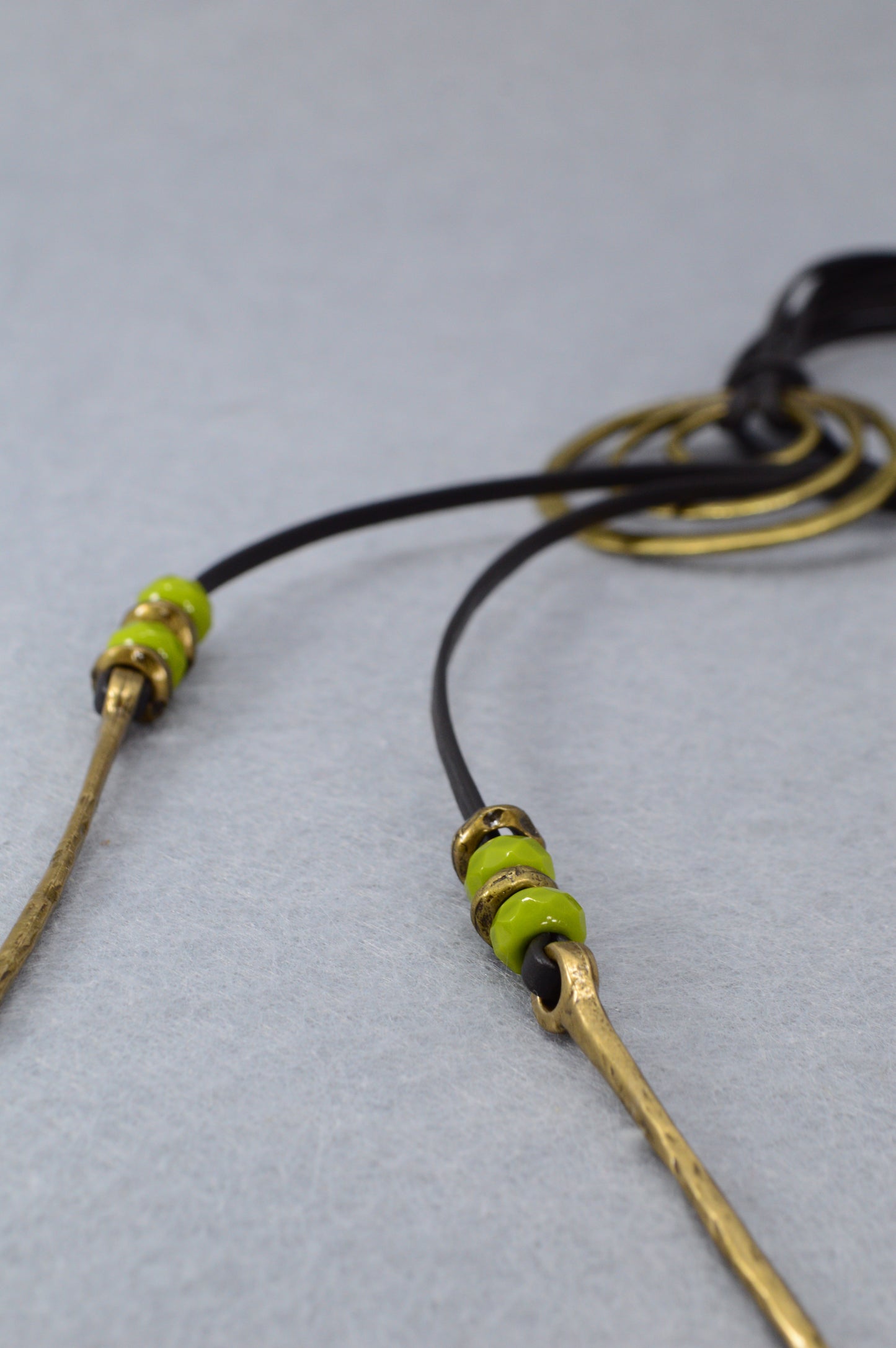 Boho Leather Wrap Necklace with Triple Rings – Handmade Festival Jewelry, Long Lariat Choker with Beads and Brass