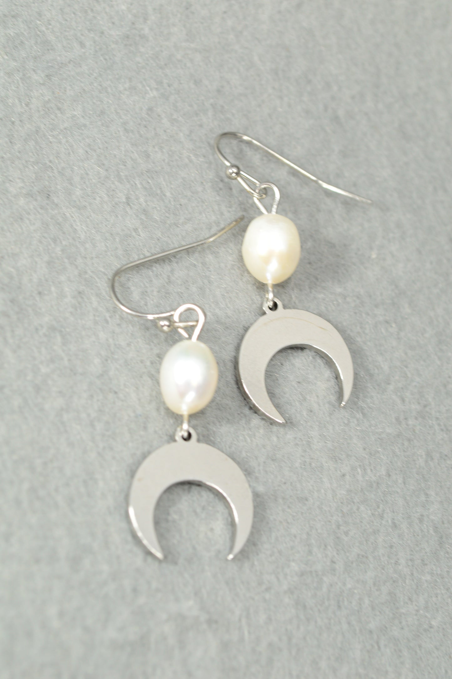Crescent Moon Pearl Earrings – Stainless Steel Celestial Dangle