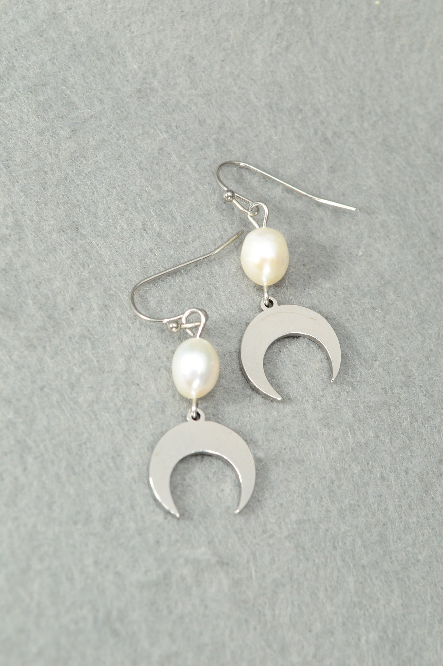 Crescent Moon Pearl Earrings – Stainless Steel Celestial Dangle