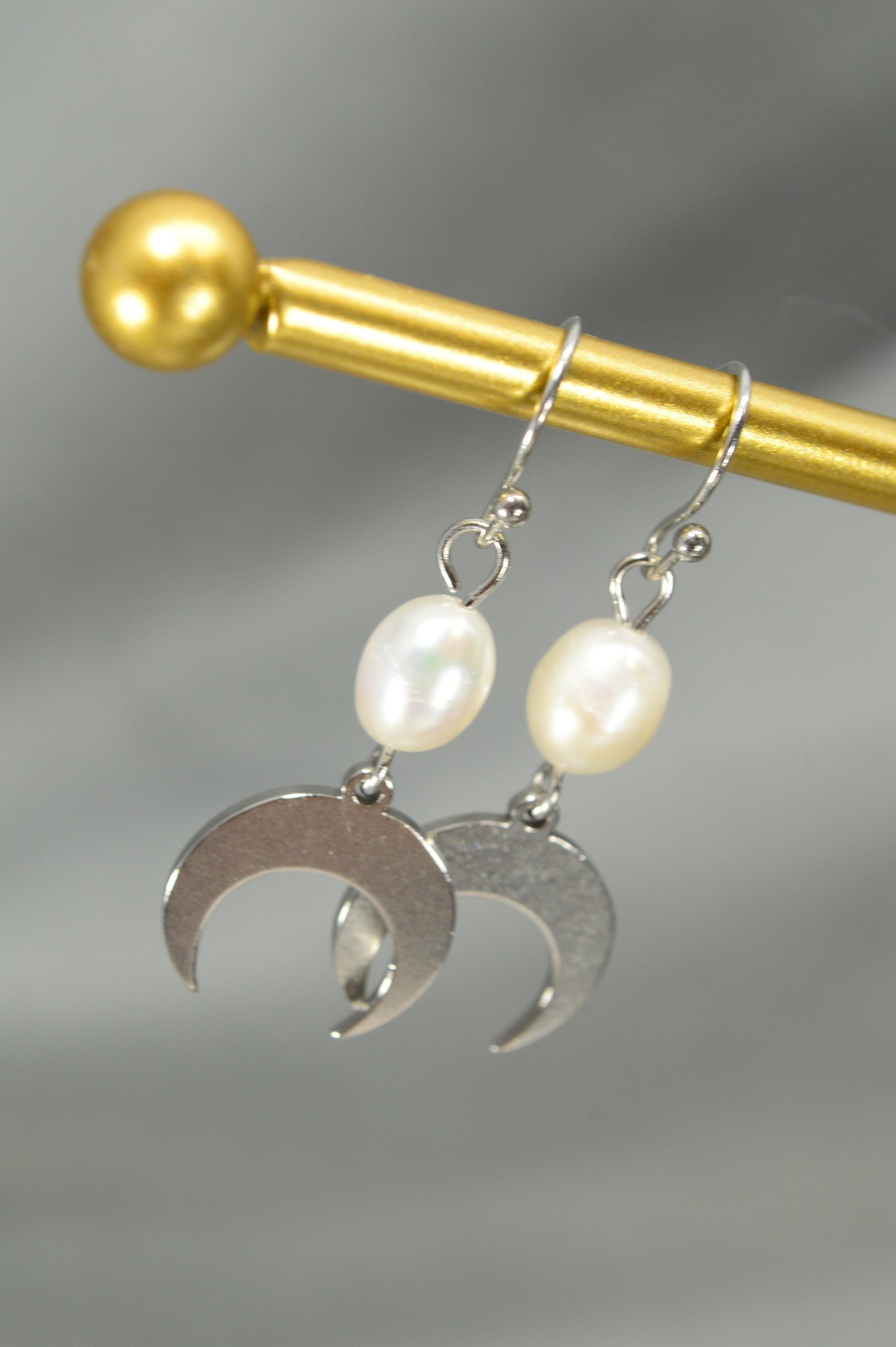 Crescent Moon Pearl Earrings – Stainless Steel Celestial Dangle