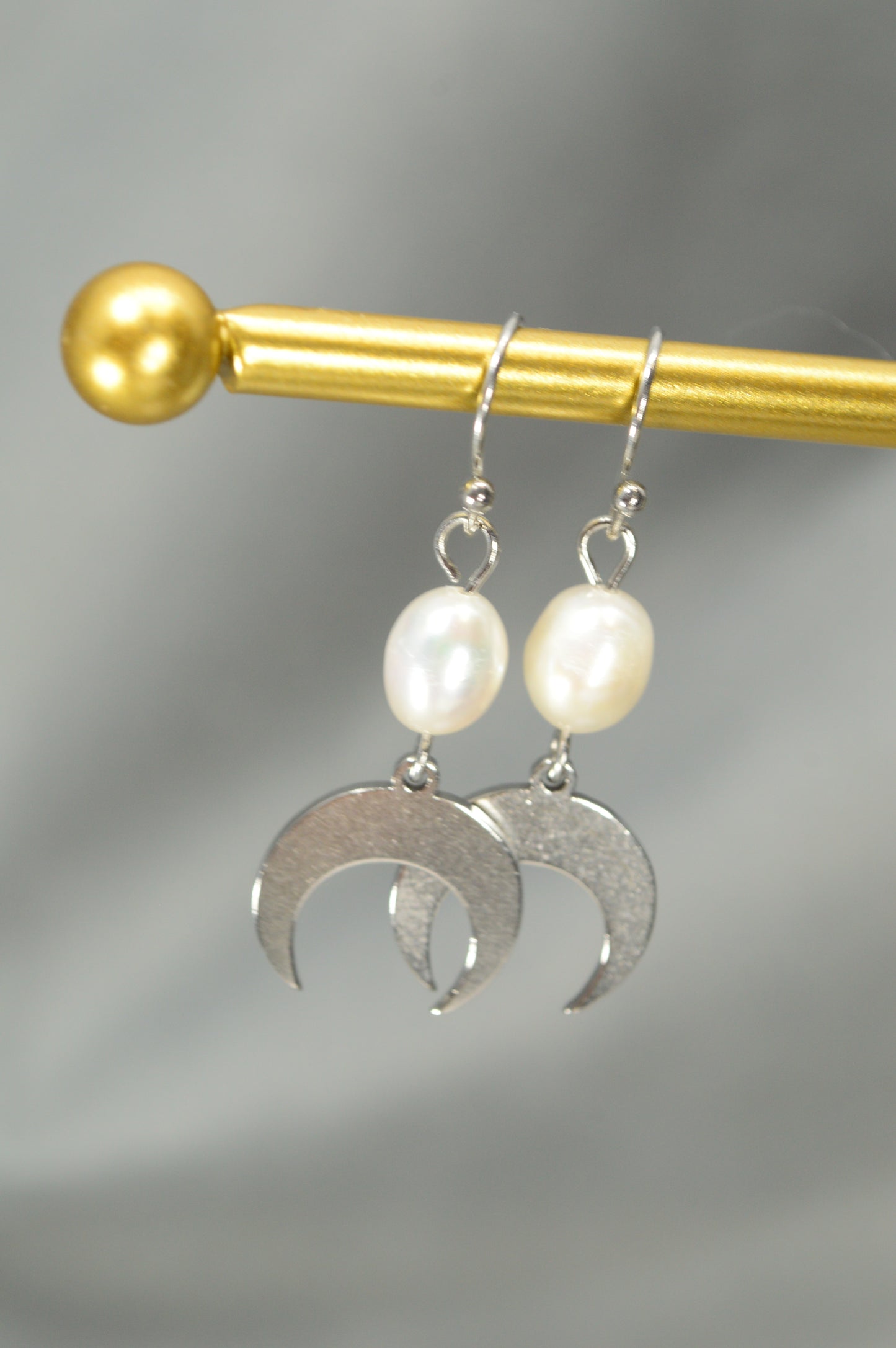 Crescent Moon Pearl Earrings – Stainless Steel Celestial Dangle