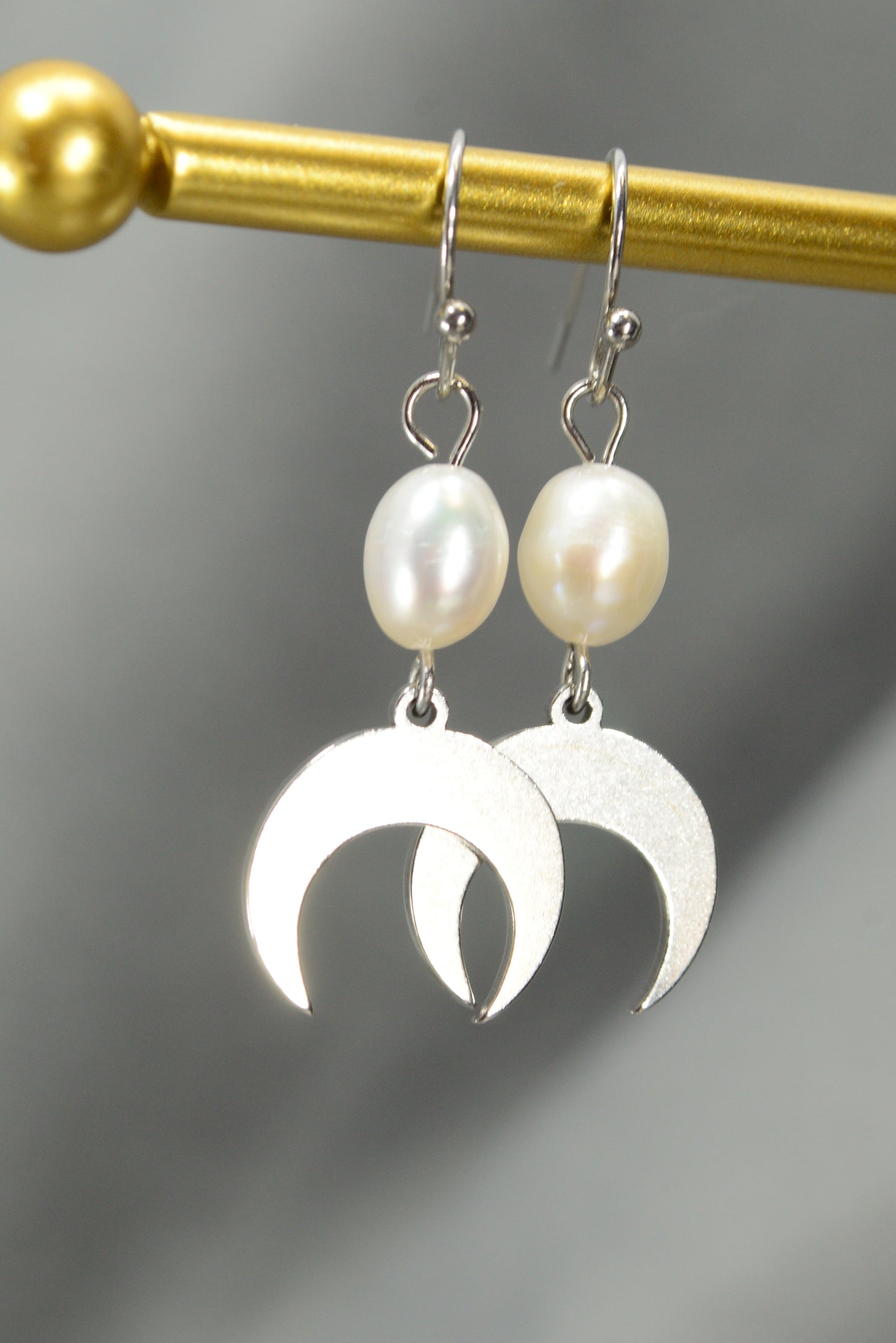 Crescent Moon Pearl Earrings – Stainless Steel Celestial Dangle