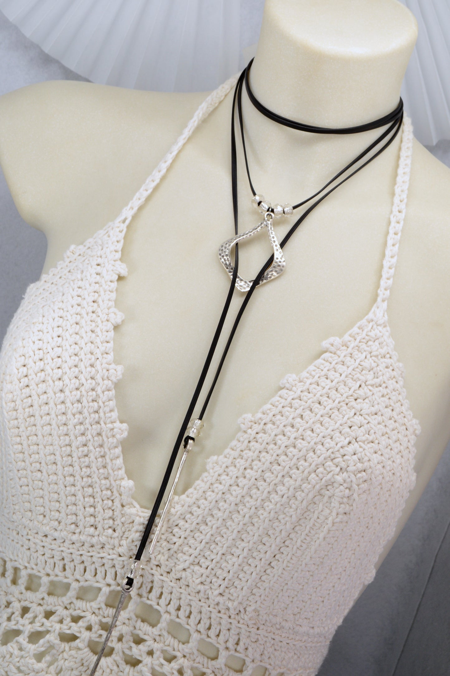 Black Leather Wrap Necklace – Modern Boho Choker with Hammered Silver Pendant – Festival, Yoga, Gypsy Jewelry
