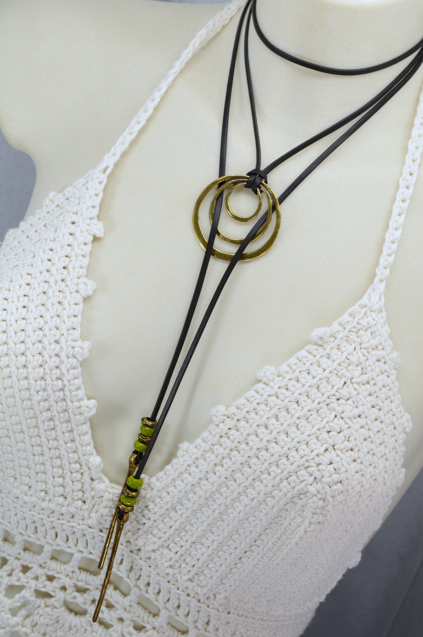 Boho Leather Wrap Necklace with Triple Rings – Handmade Festival Jewelry, Long Lariat Choker with Beads and Brass