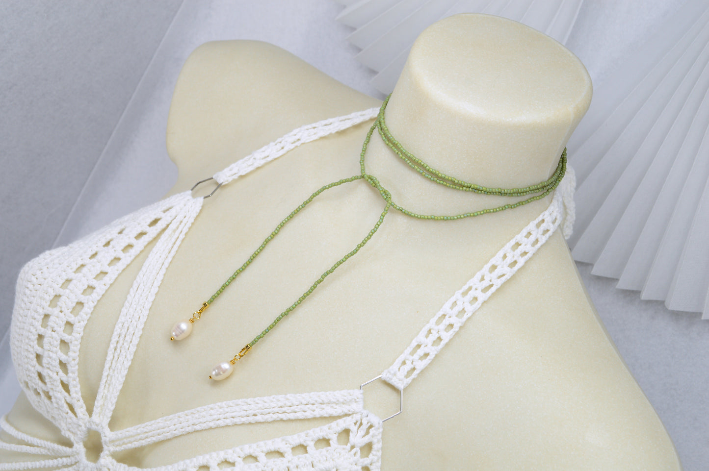 Olive Green Beaded Lariat Necklace