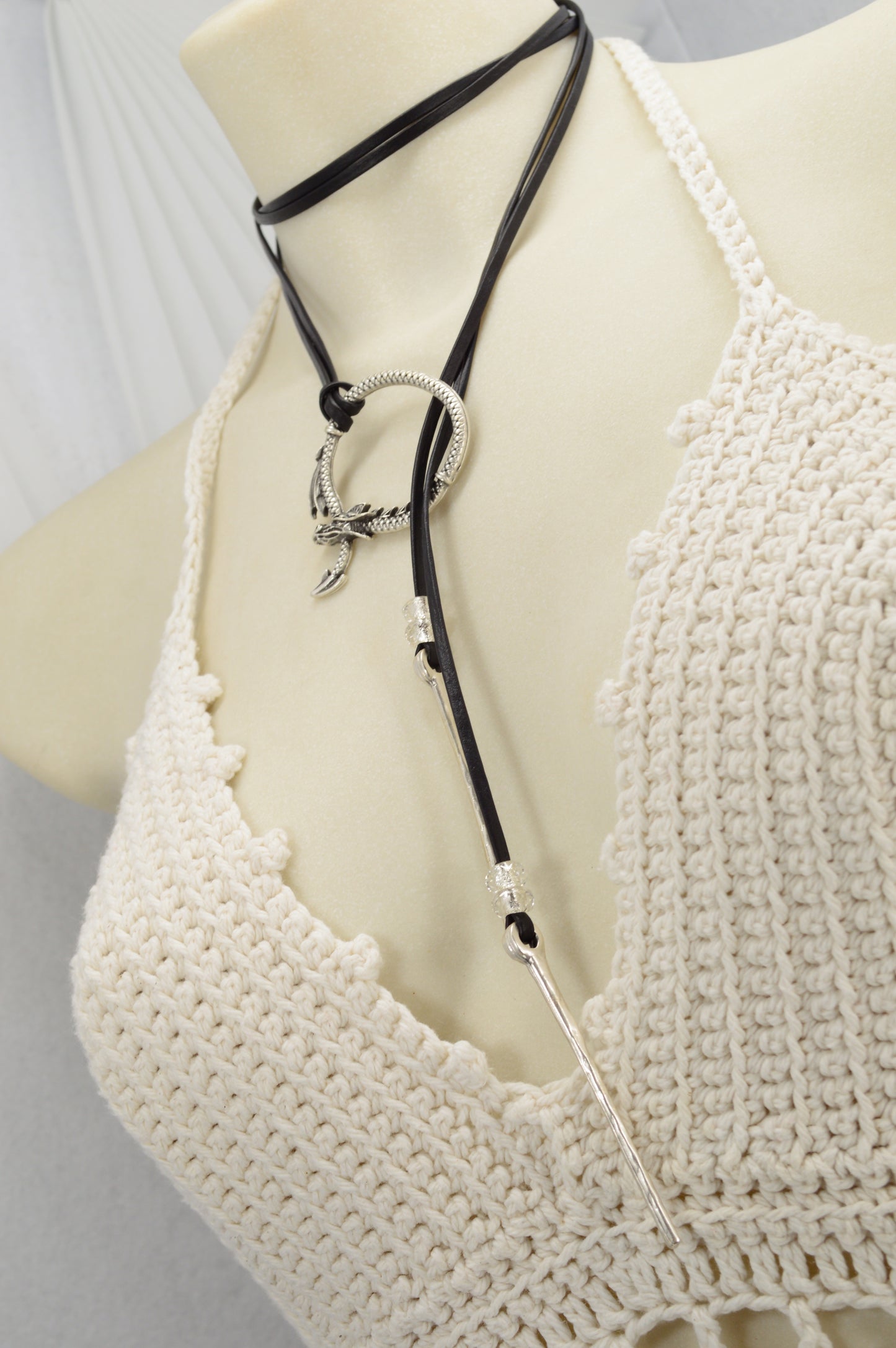 Dragon Circle Necklace | Boho Leather Choker with Silver Dragon Charm