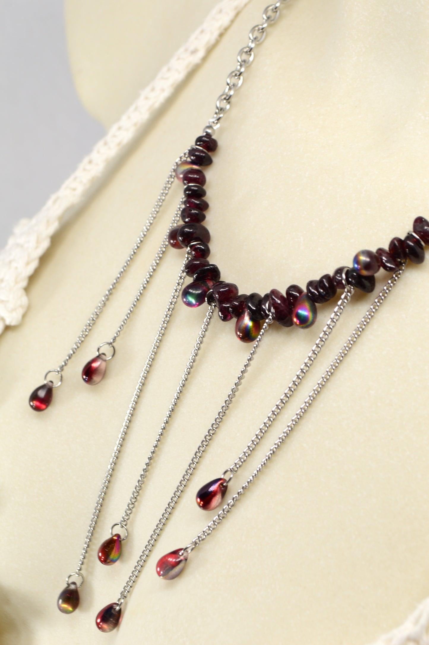 Garnet Fringe Chain Statement Necklace