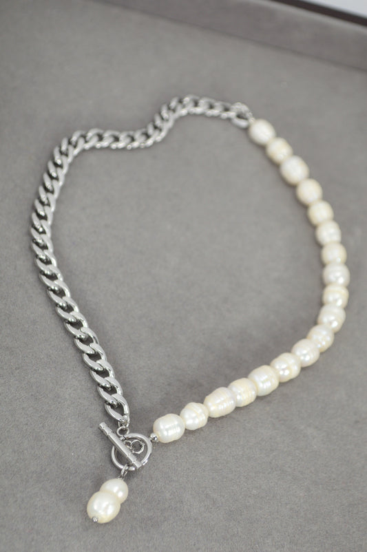 Half Pearl Half Chain Necklace | Asymmetrical Baroque Pearl Pendant | Stainless Steel & Freshwater Pearls