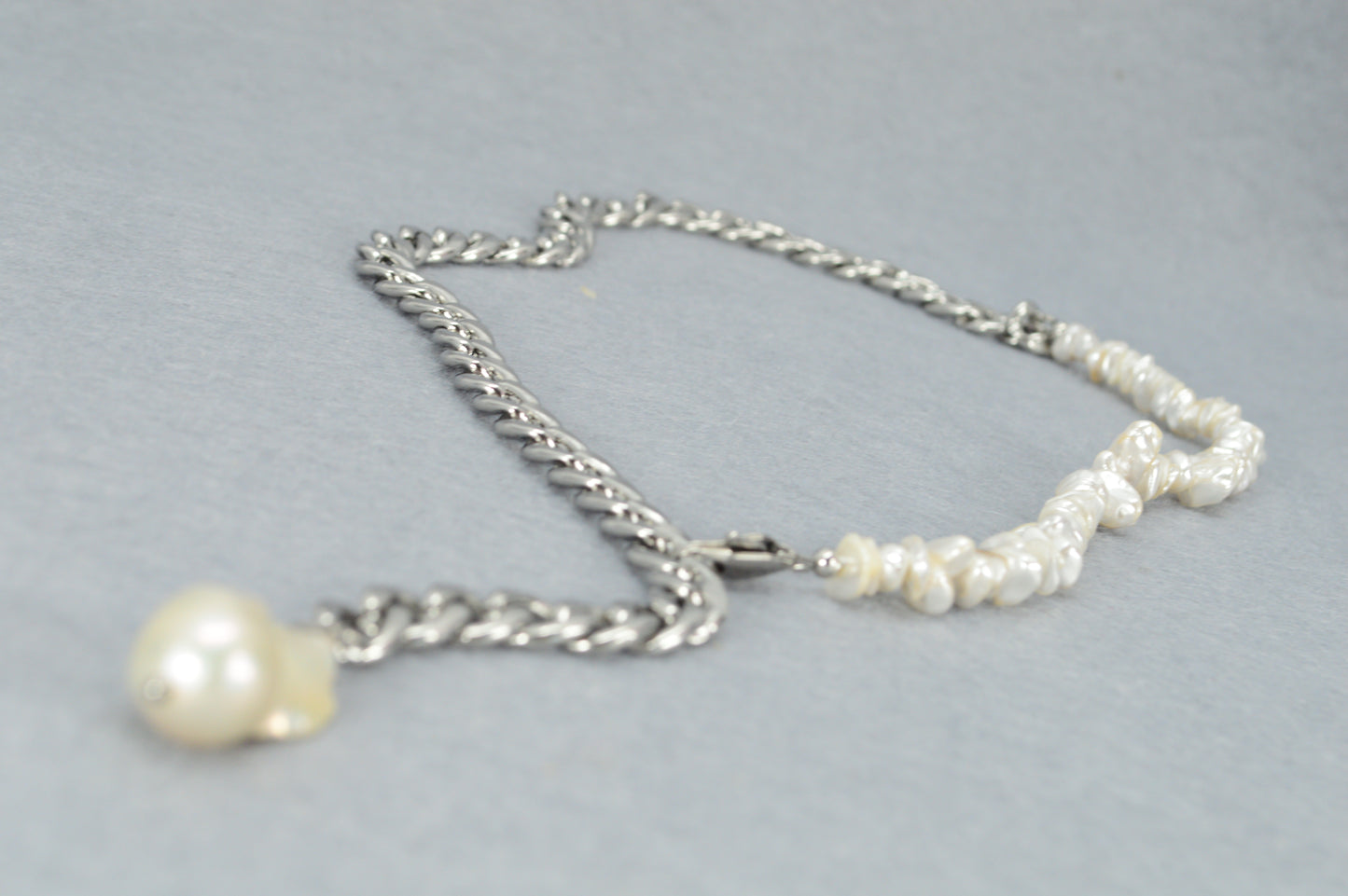 Mother-of-Pearl & Stainless Steel Chain Necklace with Natural Pearl Drop