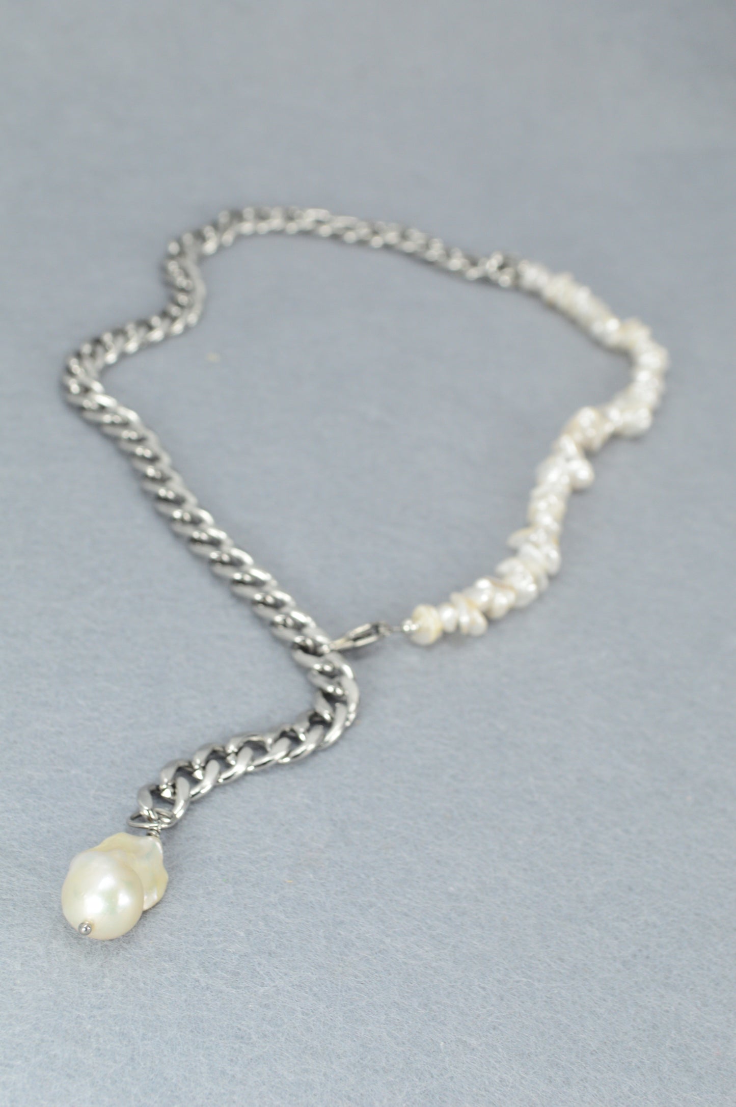 Mother-of-Pearl & Stainless Steel Chain Necklace with Natural Pearl Drop