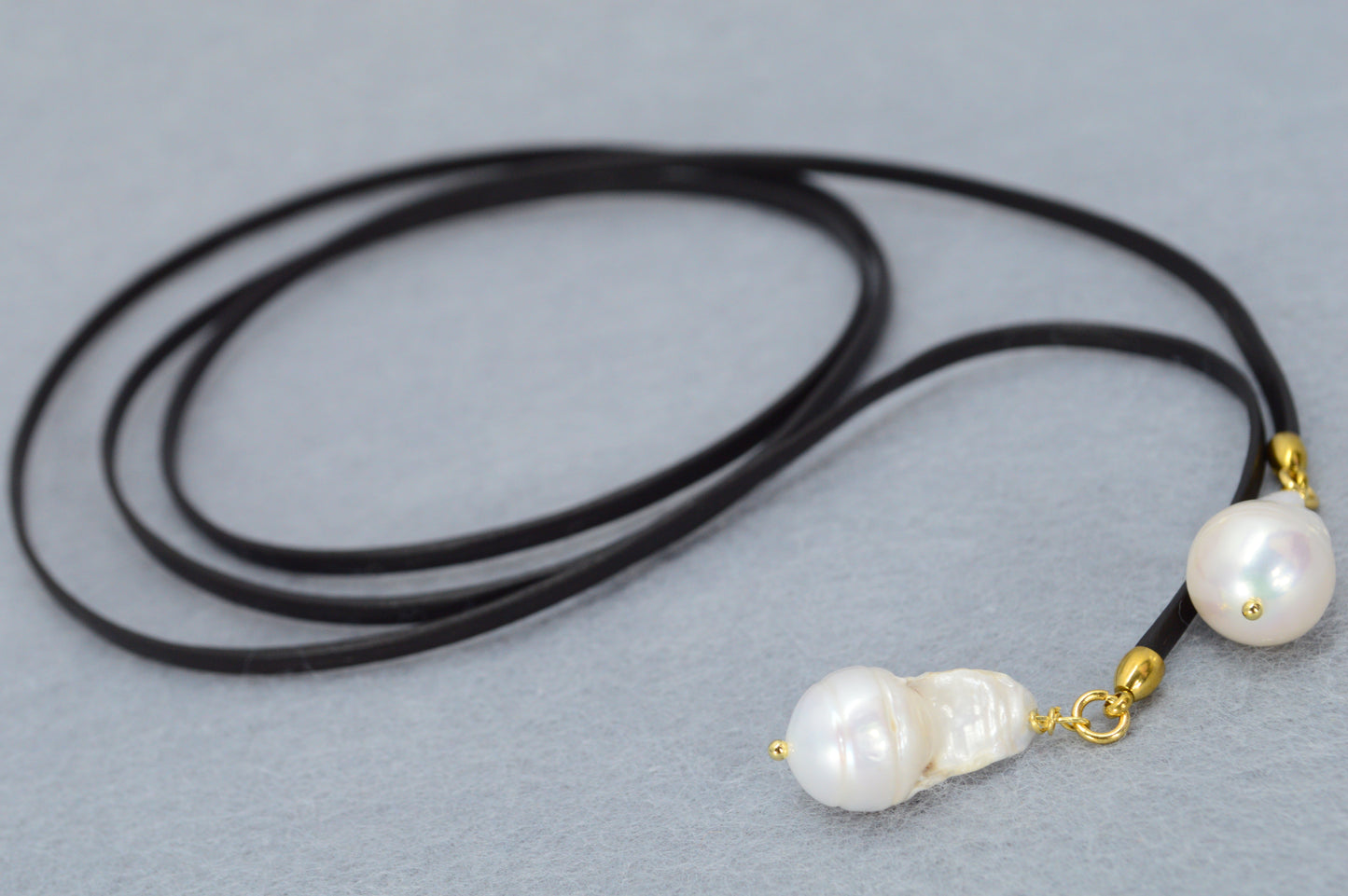 Luxury Baroque Pearl Leather Wrap Choker Necklace – Black Leather Cord, Gold Details, Statement Jewelry