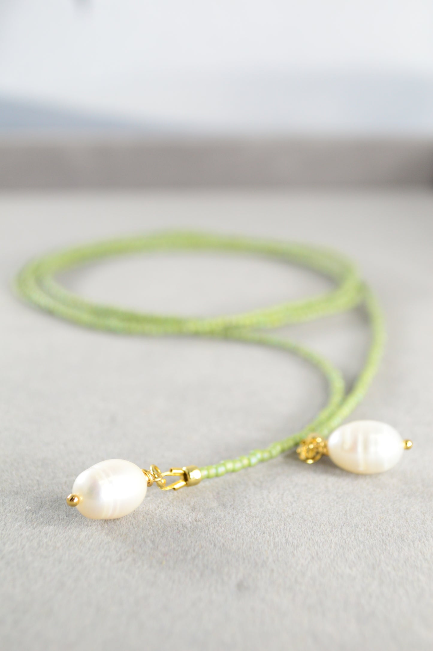 Olive Green Beaded Lariat Necklace