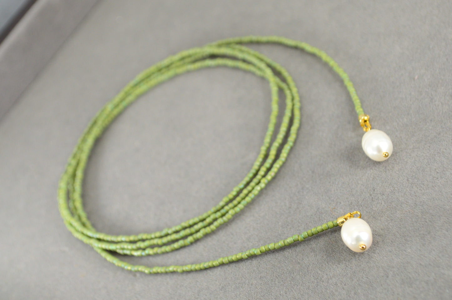 Olive Green Beaded Lariat Necklace