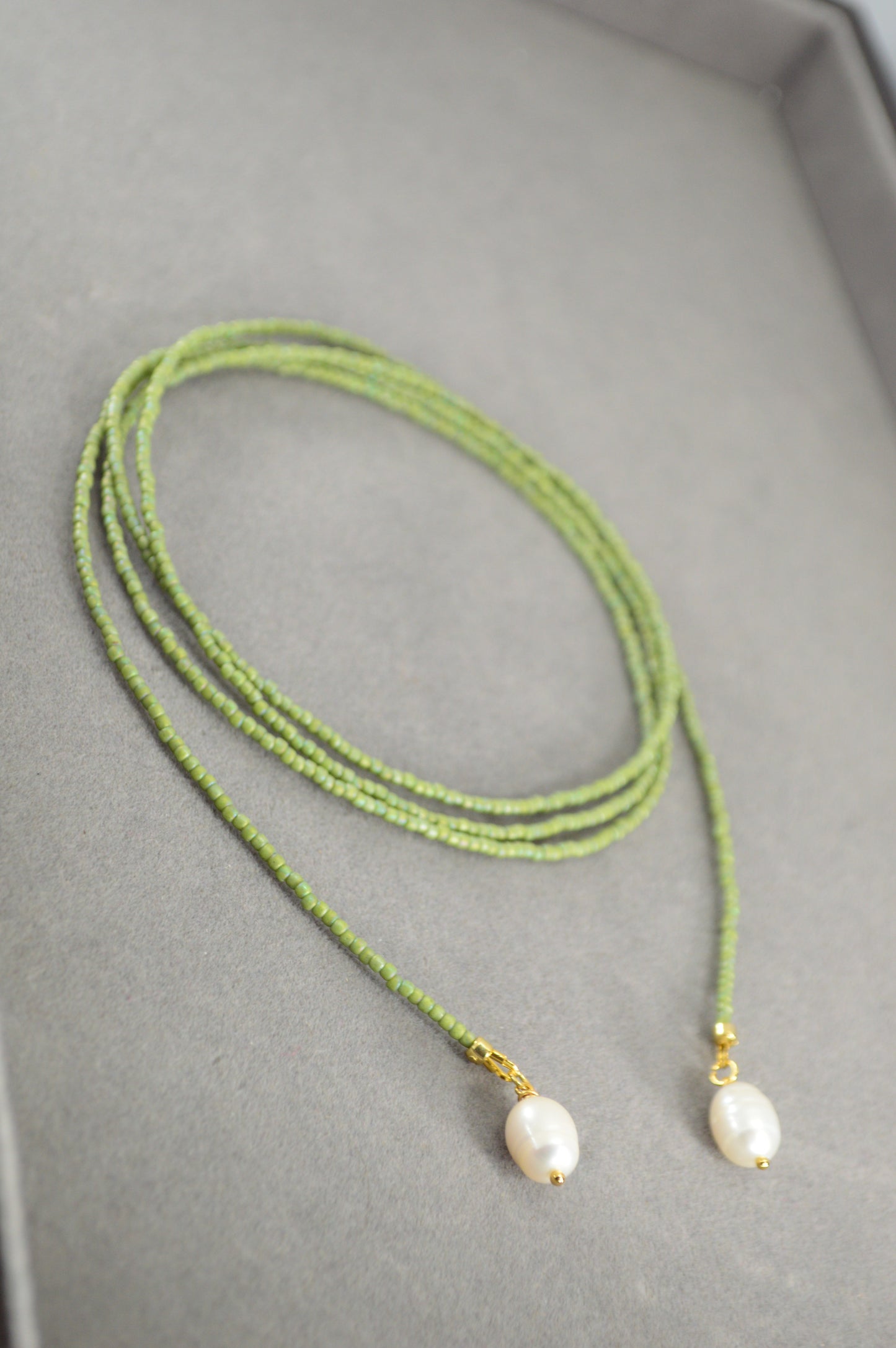 Olive Green Beaded Lariat Necklace