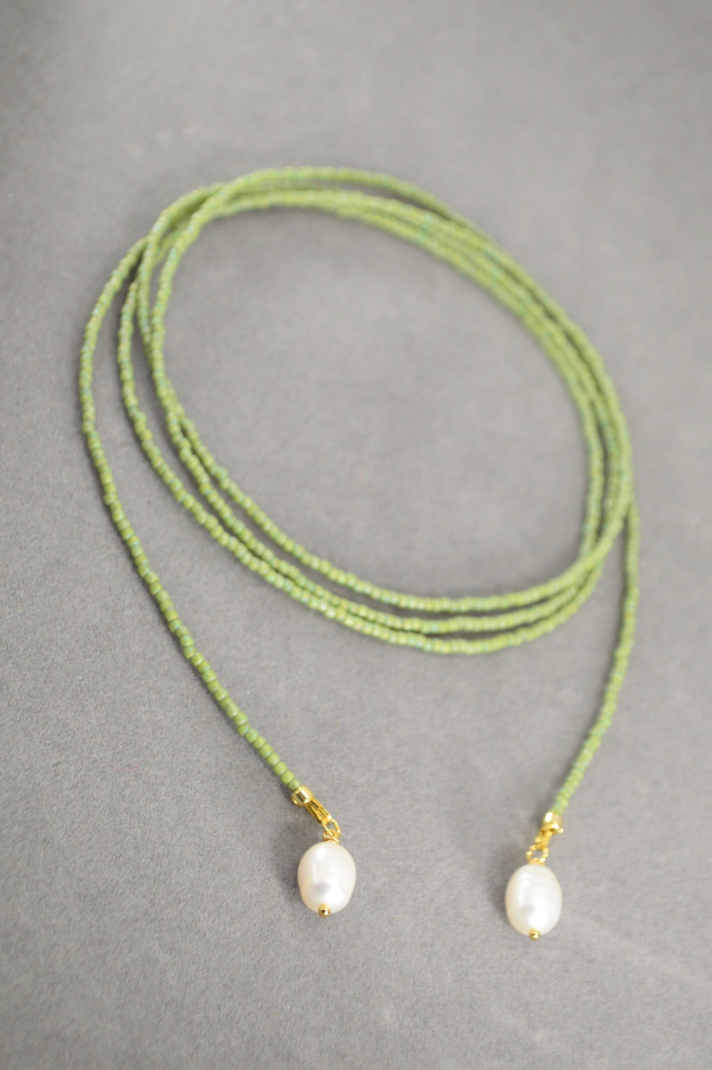 Olive Green Beaded Lariat Necklace
