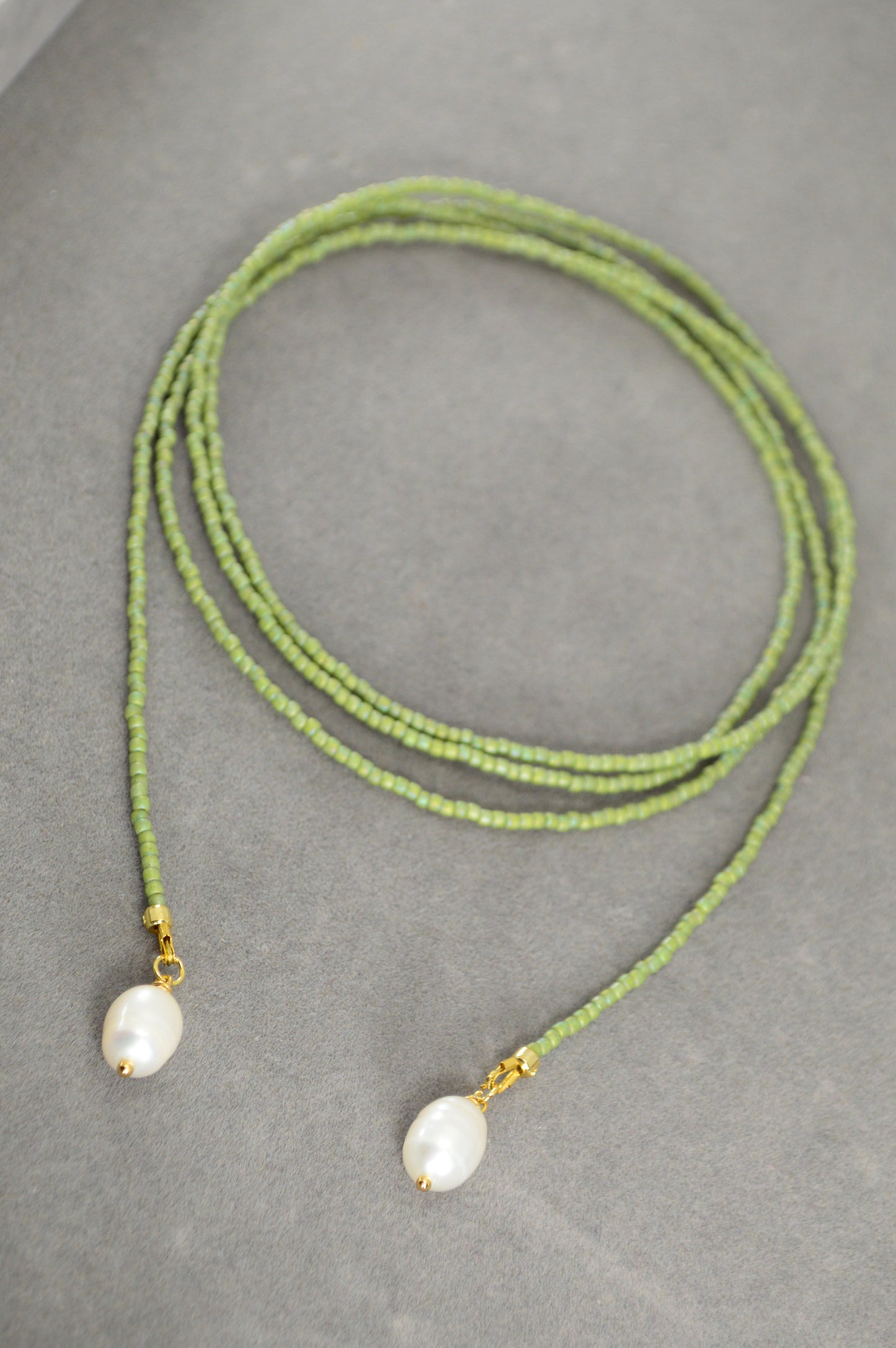 Olive Green Beaded Lariat Necklace