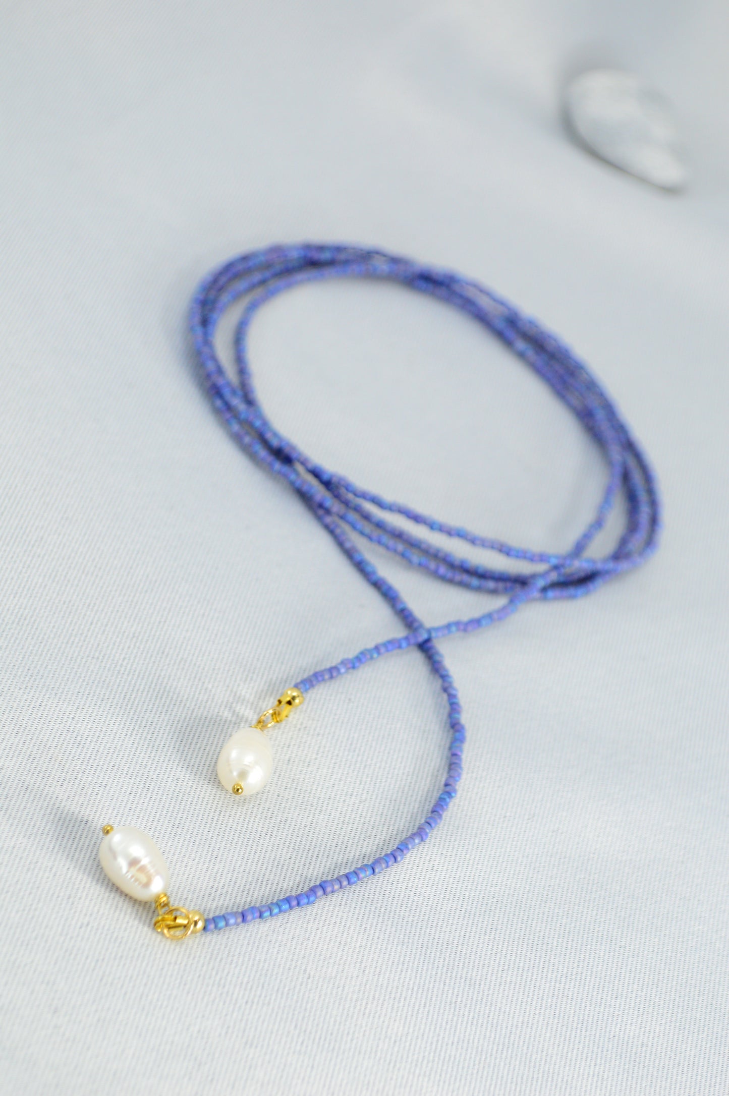 Jeans Blue Beaded Pearl Lariat Necklace