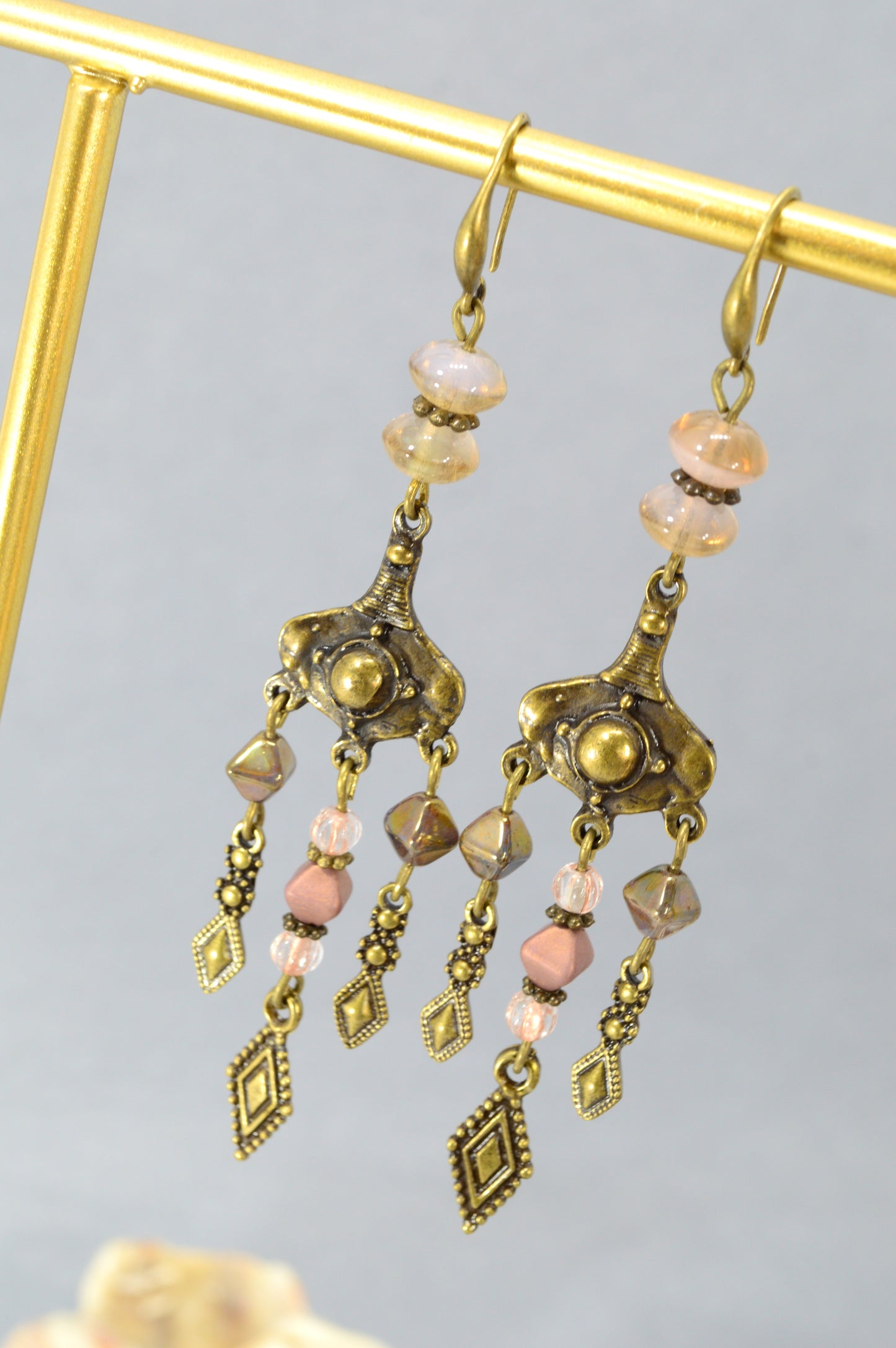 : Boho Bronze Chandelier Earrings with Czech Glass – 3.7"