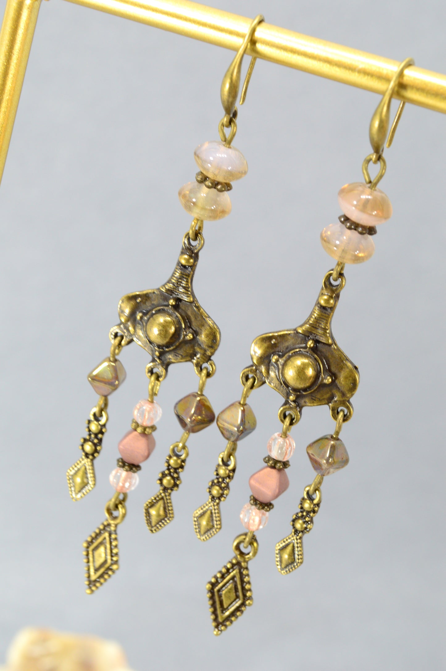 : Boho Bronze Chandelier Earrings with Czech Glass – 3.7"