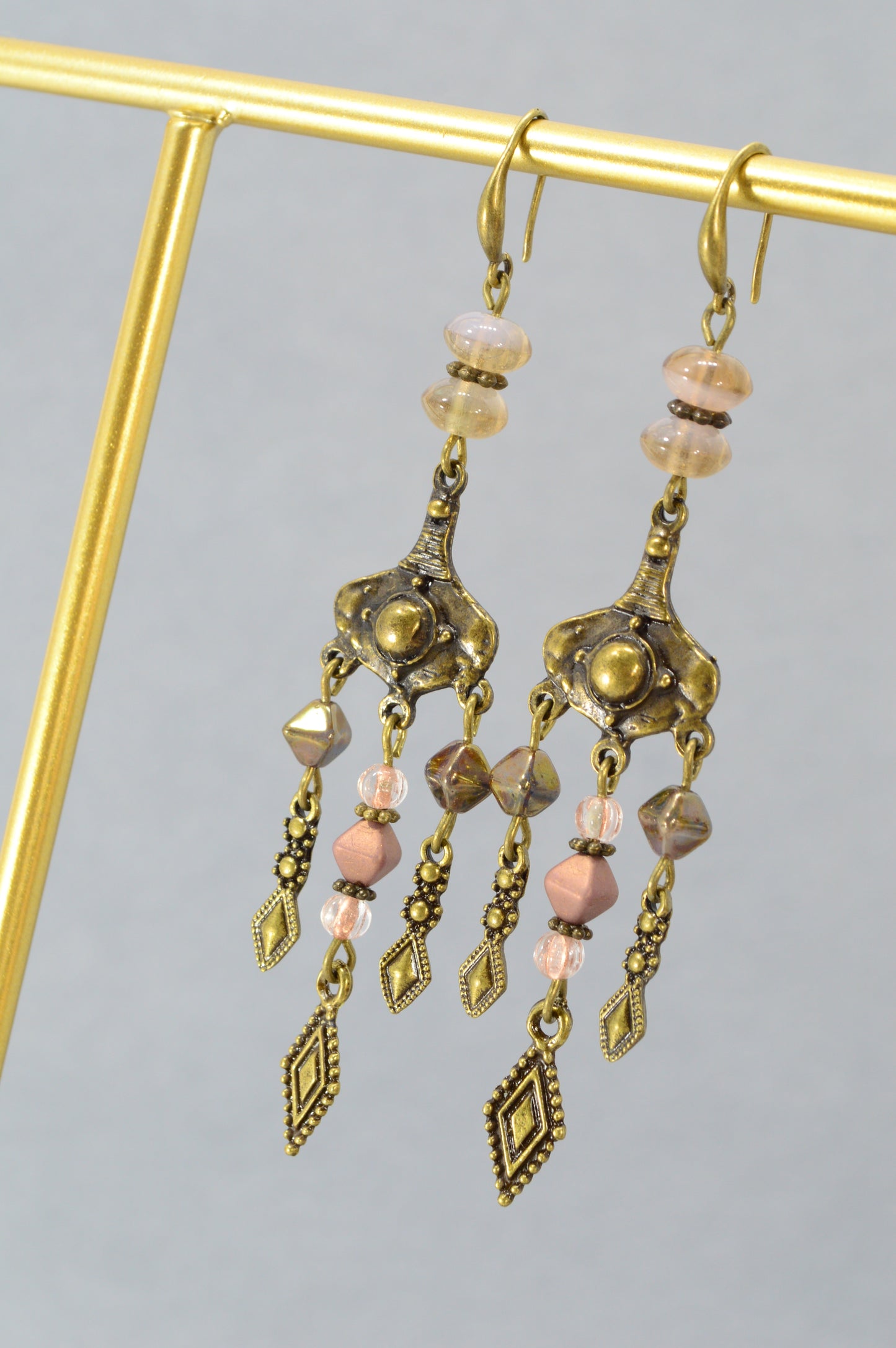 : Boho Bronze Chandelier Earrings with Czech Glass – 3.7"